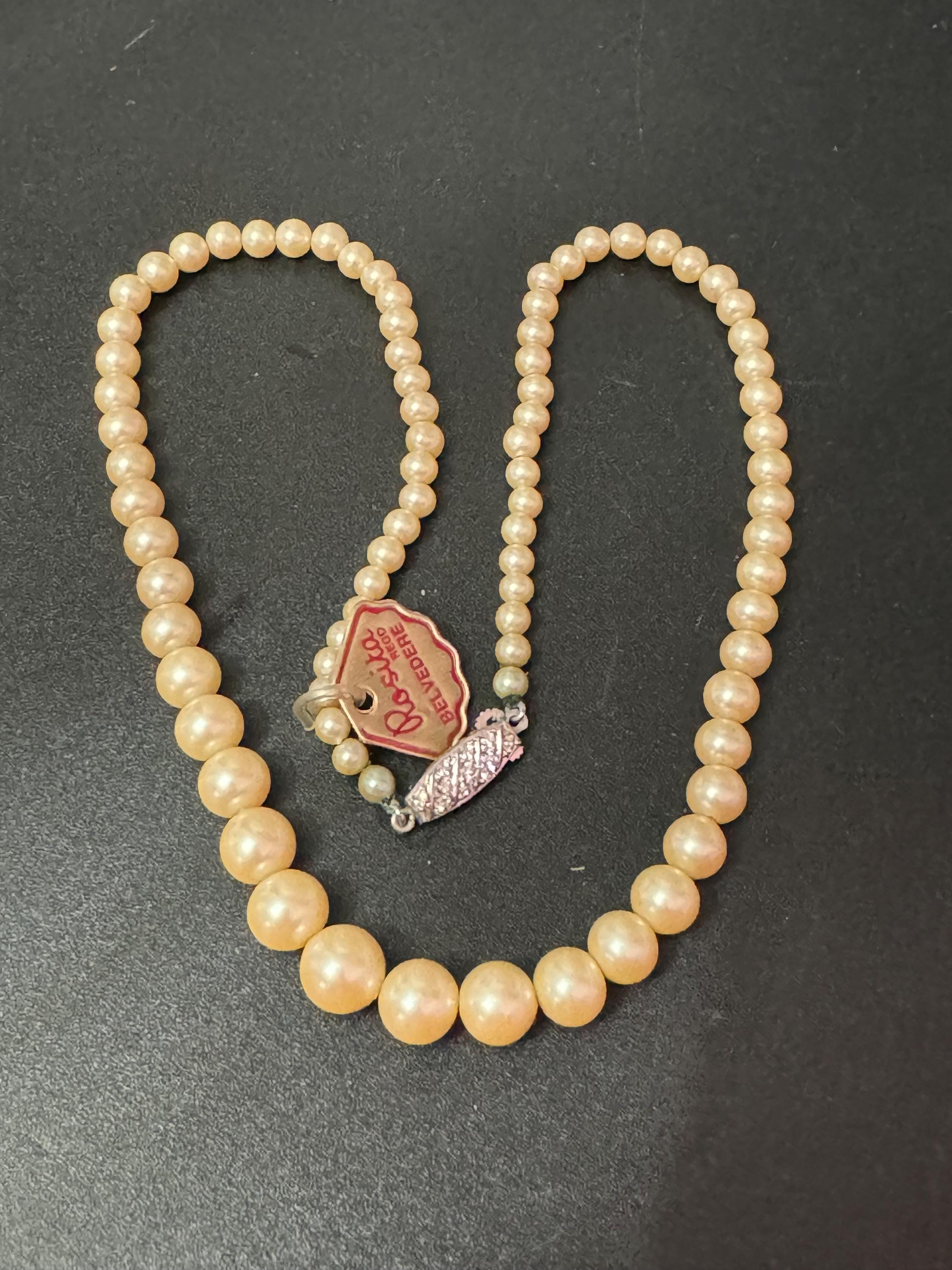 Signed Rosita Vintage cream glass graduated pearl necklace silver tone diamanté clasp 44cm