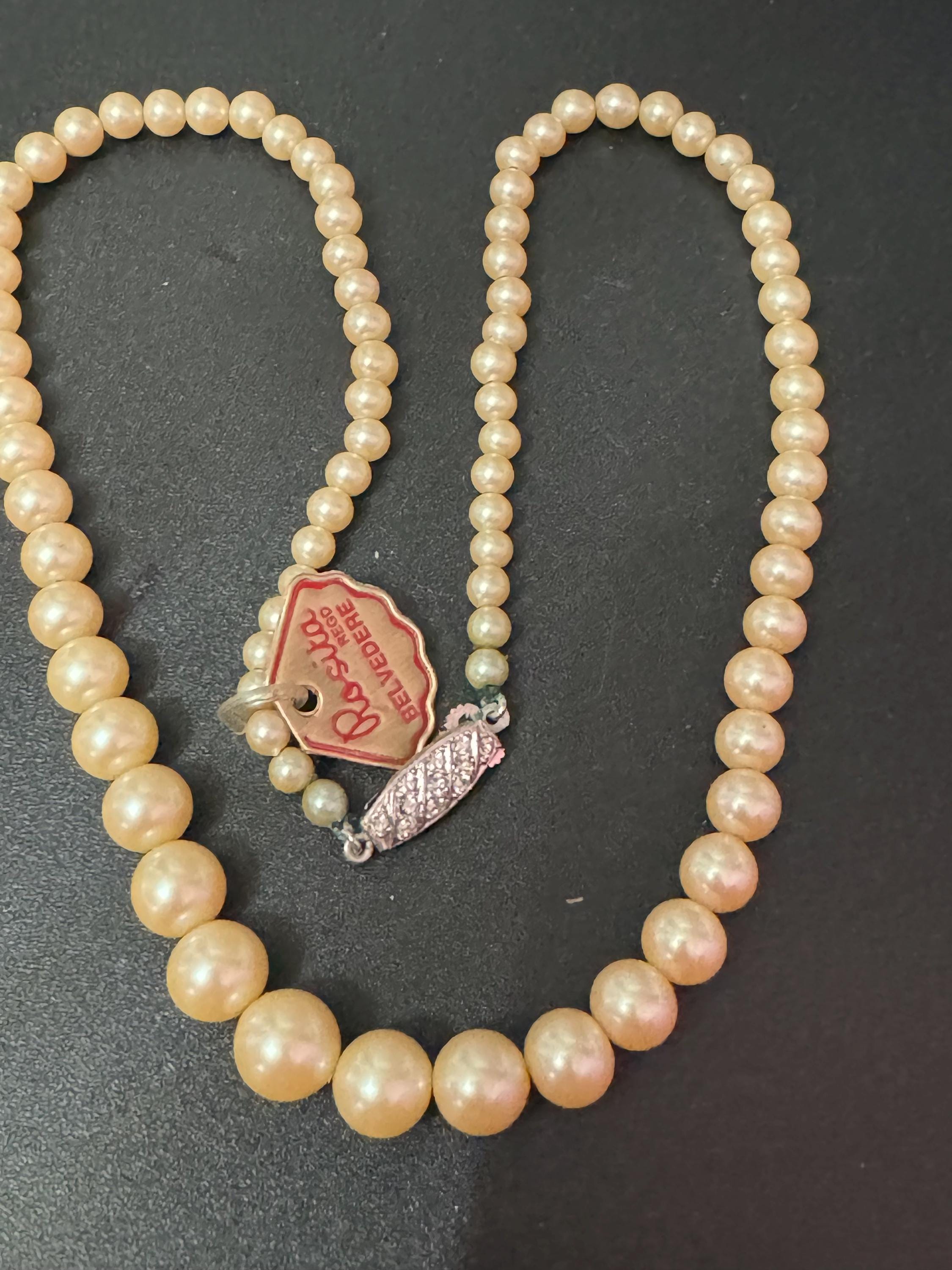 Signed Rosita Vintage cream glass graduated pearl necklace silver tone diamanté clasp 44cm