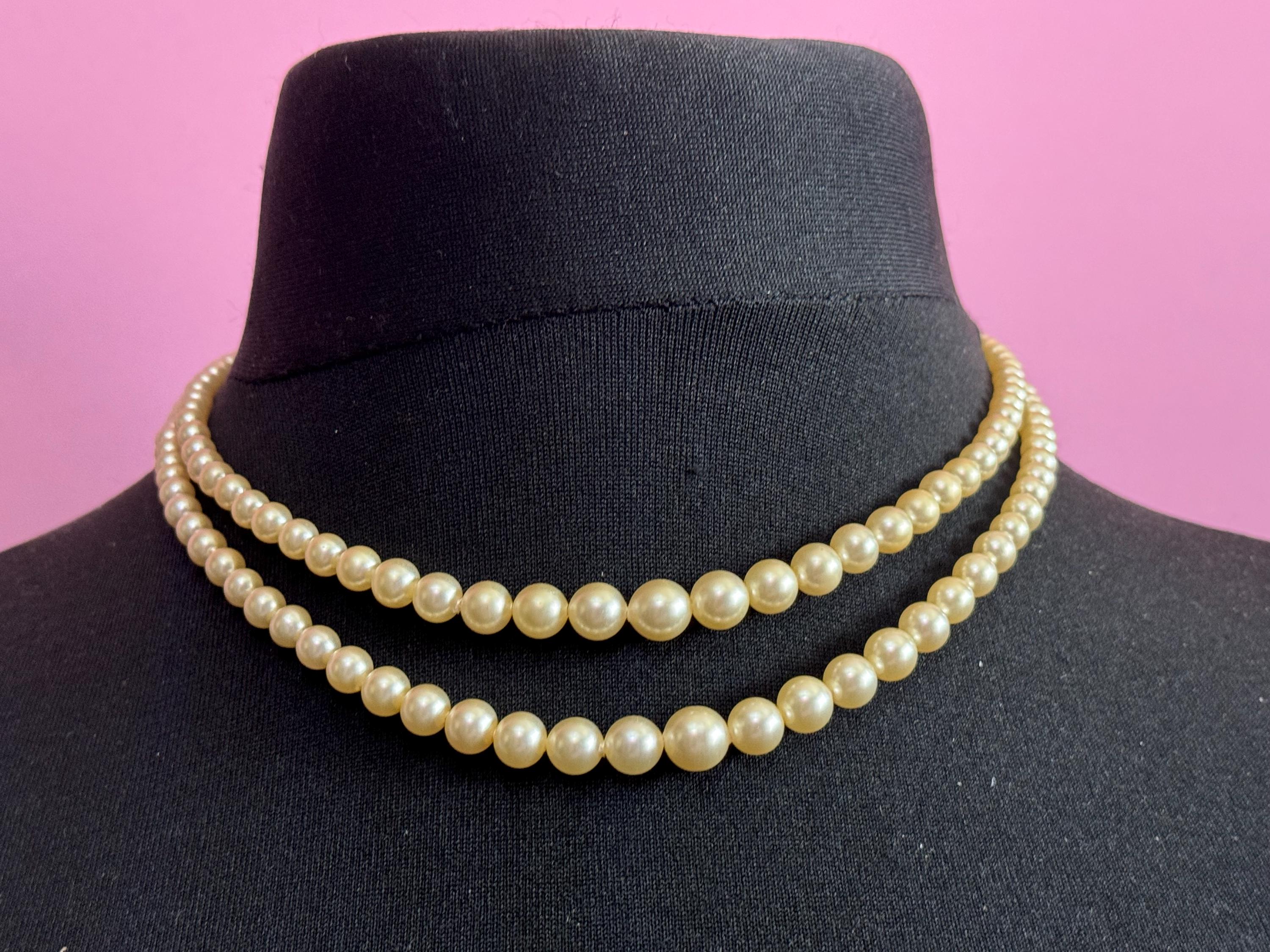 vintage 2 row double strand glass Pearl necklace light cream 43cm silver tone diamanté clasp
