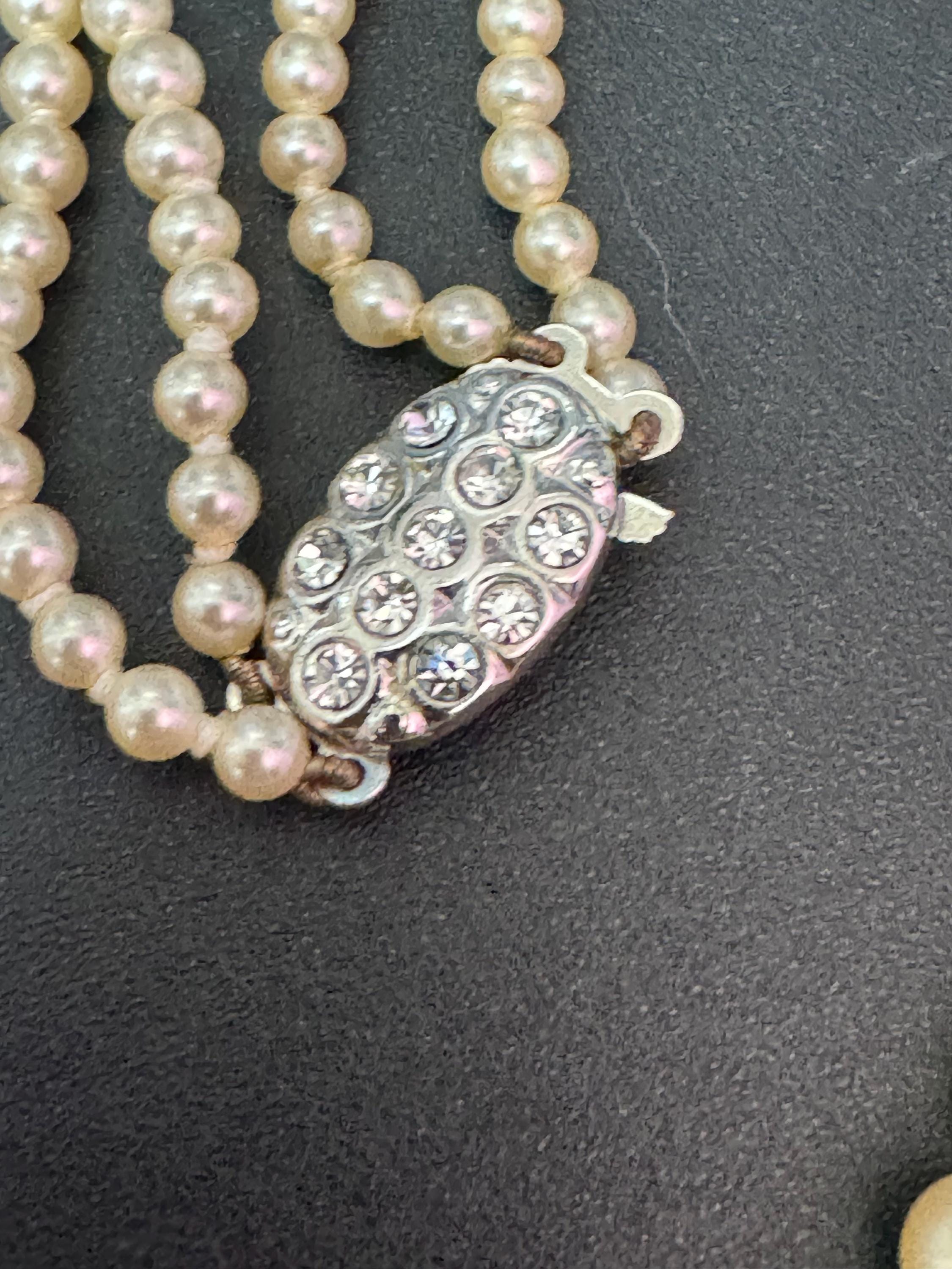 vintage 2 row double strand glass Pearl necklace light cream 43cm silver tone diamanté clasp