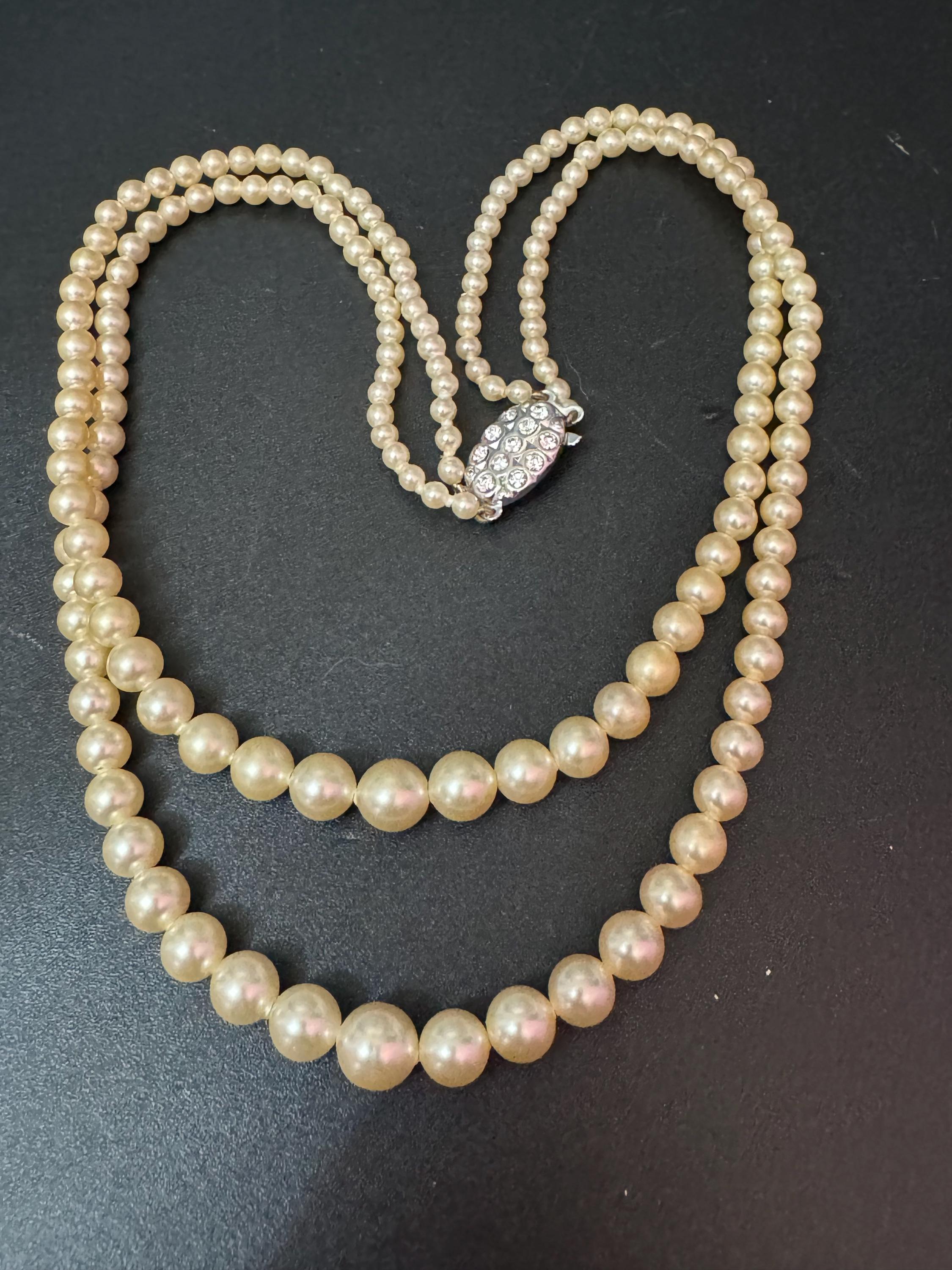 vintage 2 row double strand glass Pearl necklace light cream 43cm silver tone diamanté clasp