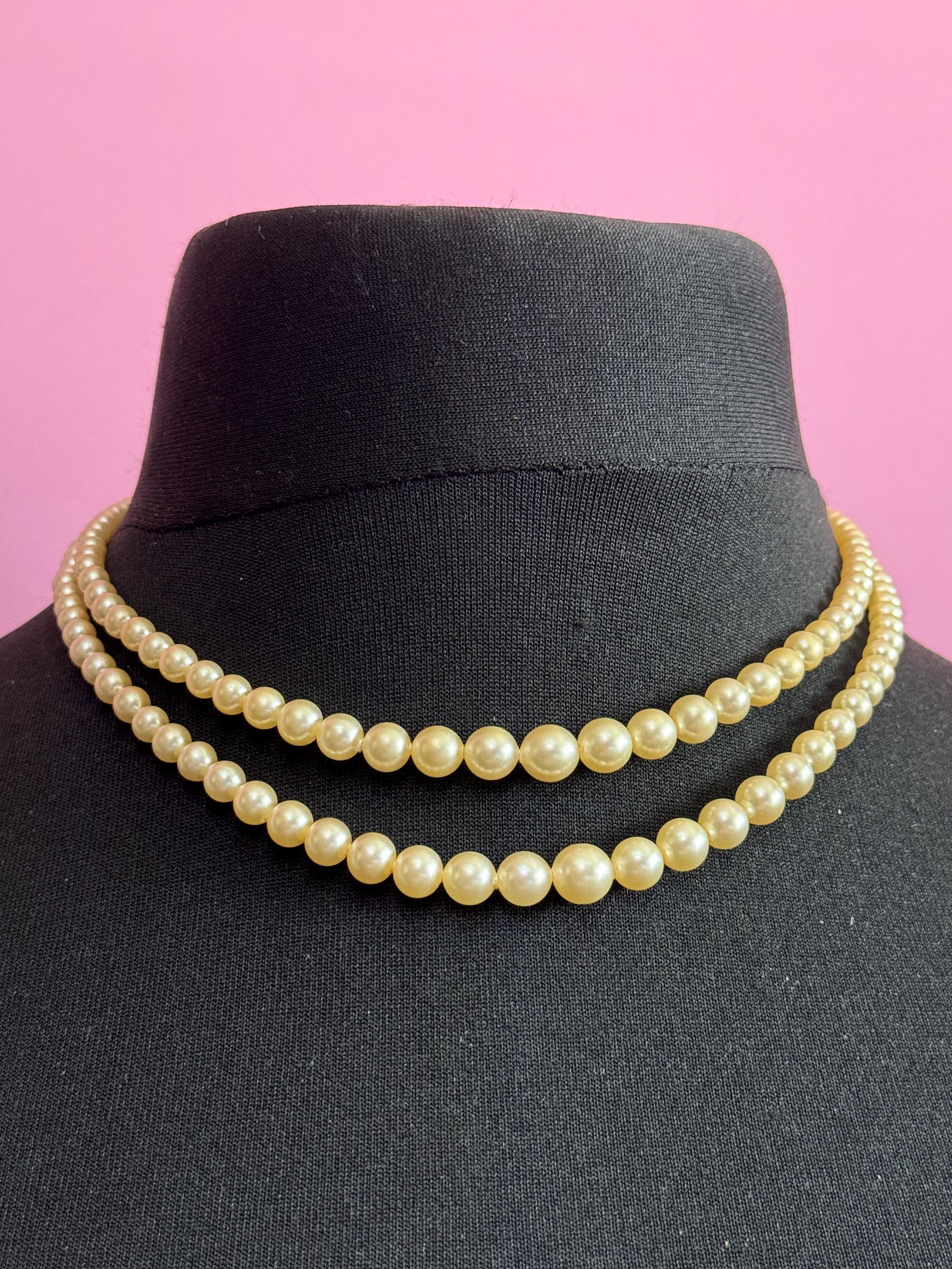 vintage 2 row double strand glass Pearl necklace light cream 43cm silver tone diamanté clasp