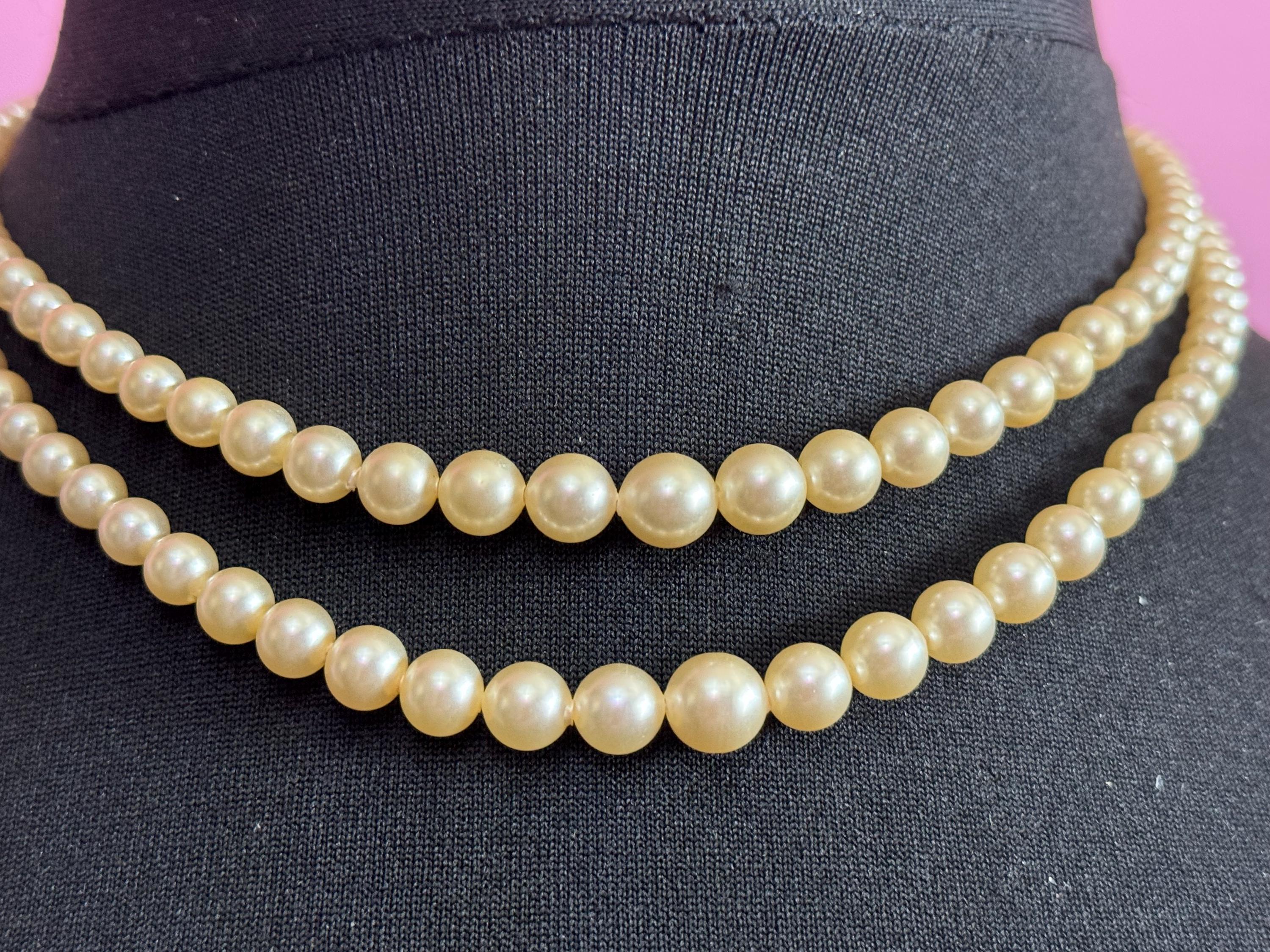 vintage 2 row double strand glass Pearl necklace light cream 43cm silver tone diamanté clasp
