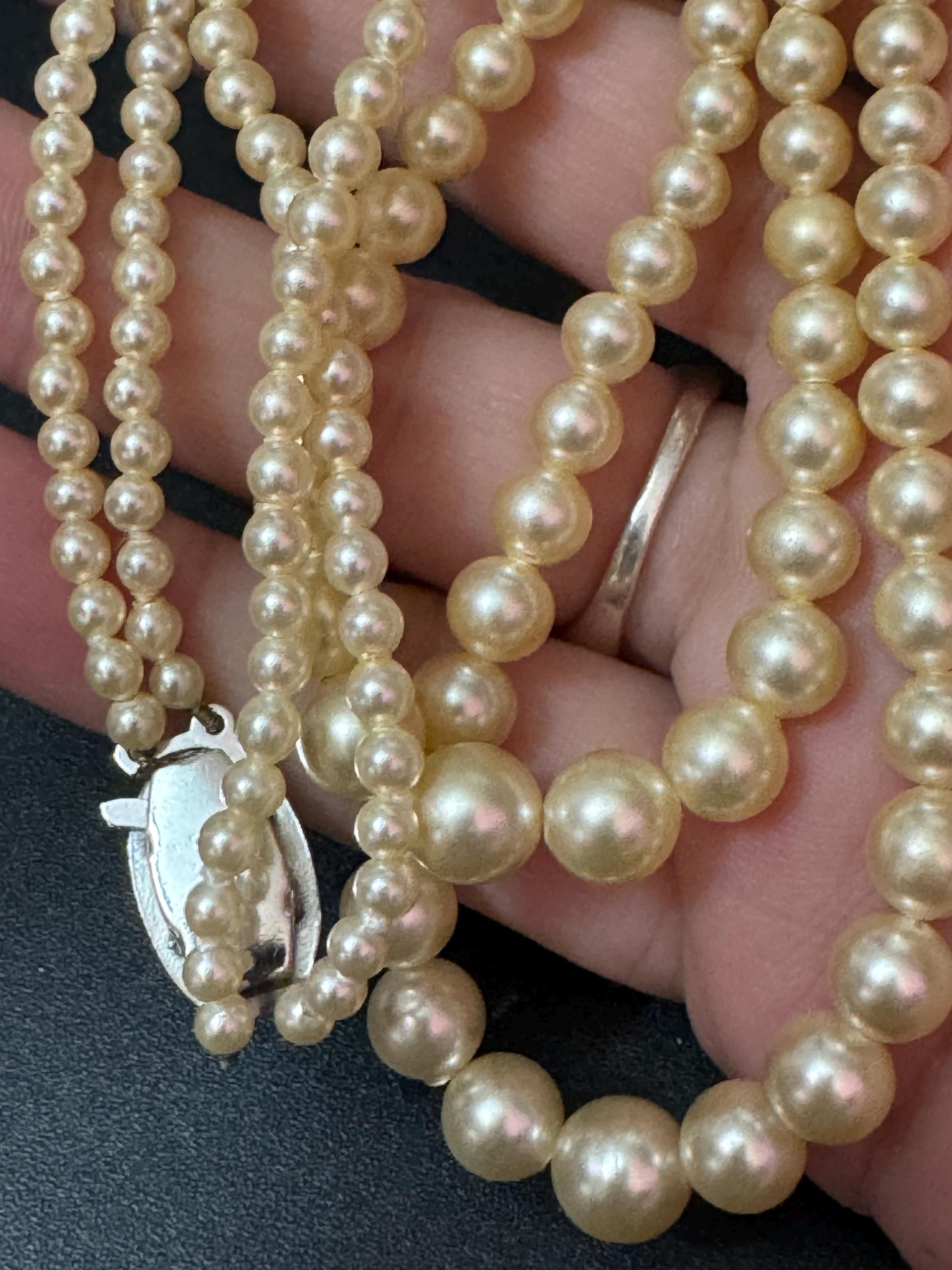 vintage 2 row double strand glass Pearl necklace light cream 43cm silver tone diamanté clasp