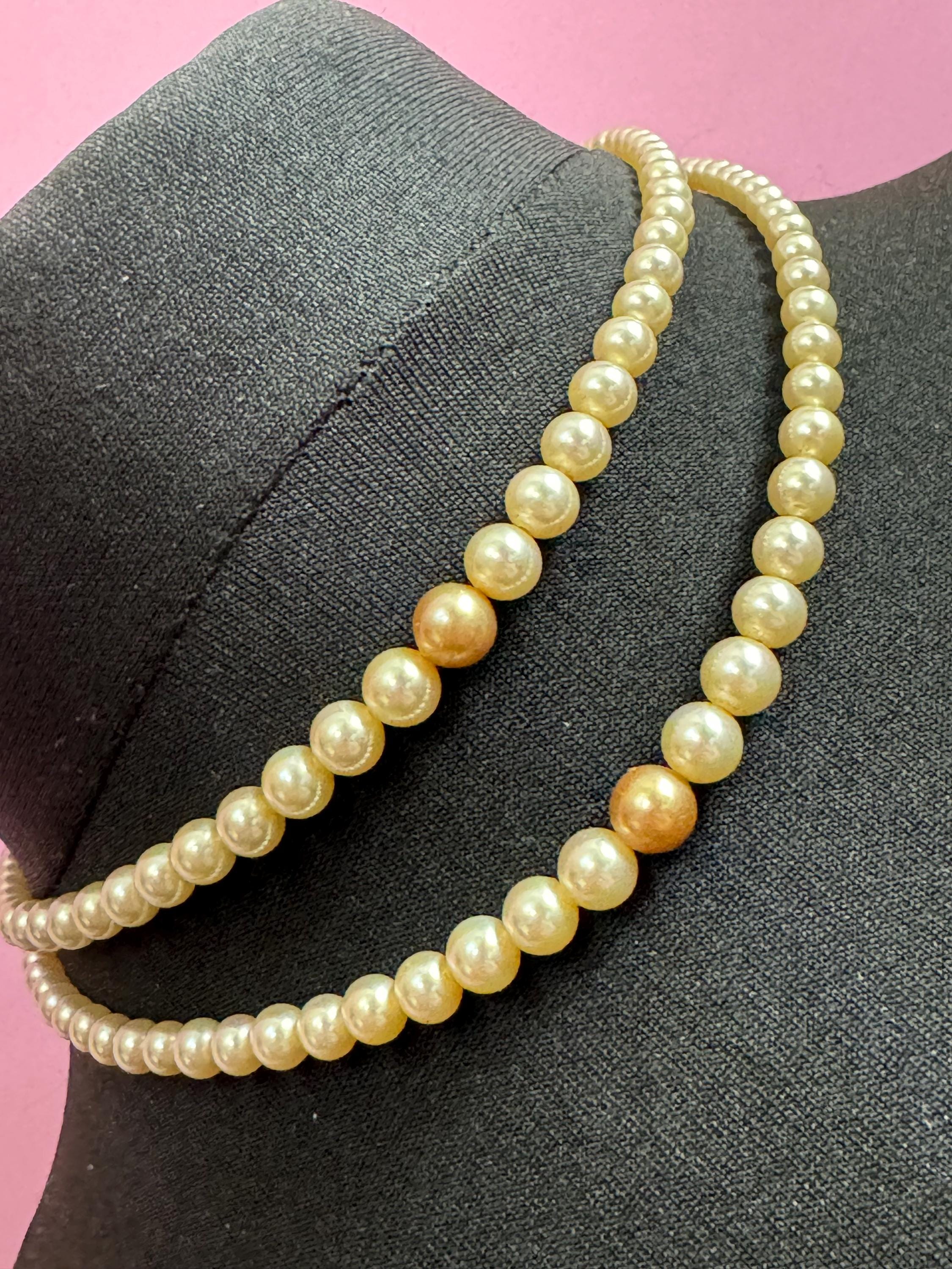vintage 2 row double strand glass Pearl necklace light cream with central darker bead 40cm silver tone diamanté clasp