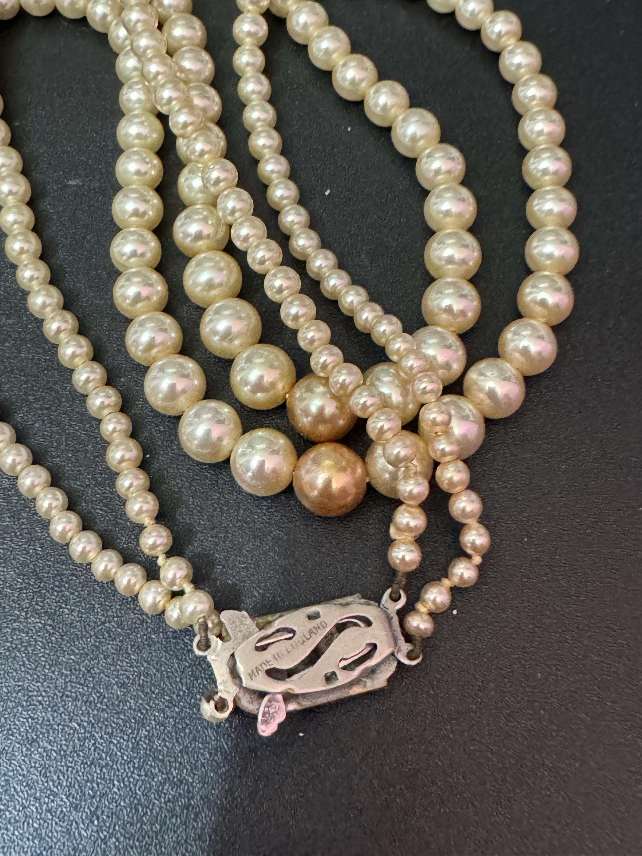 vintage 2 row double strand glass Pearl necklace light cream with central darker bead 40cm silver tone diamanté clasp