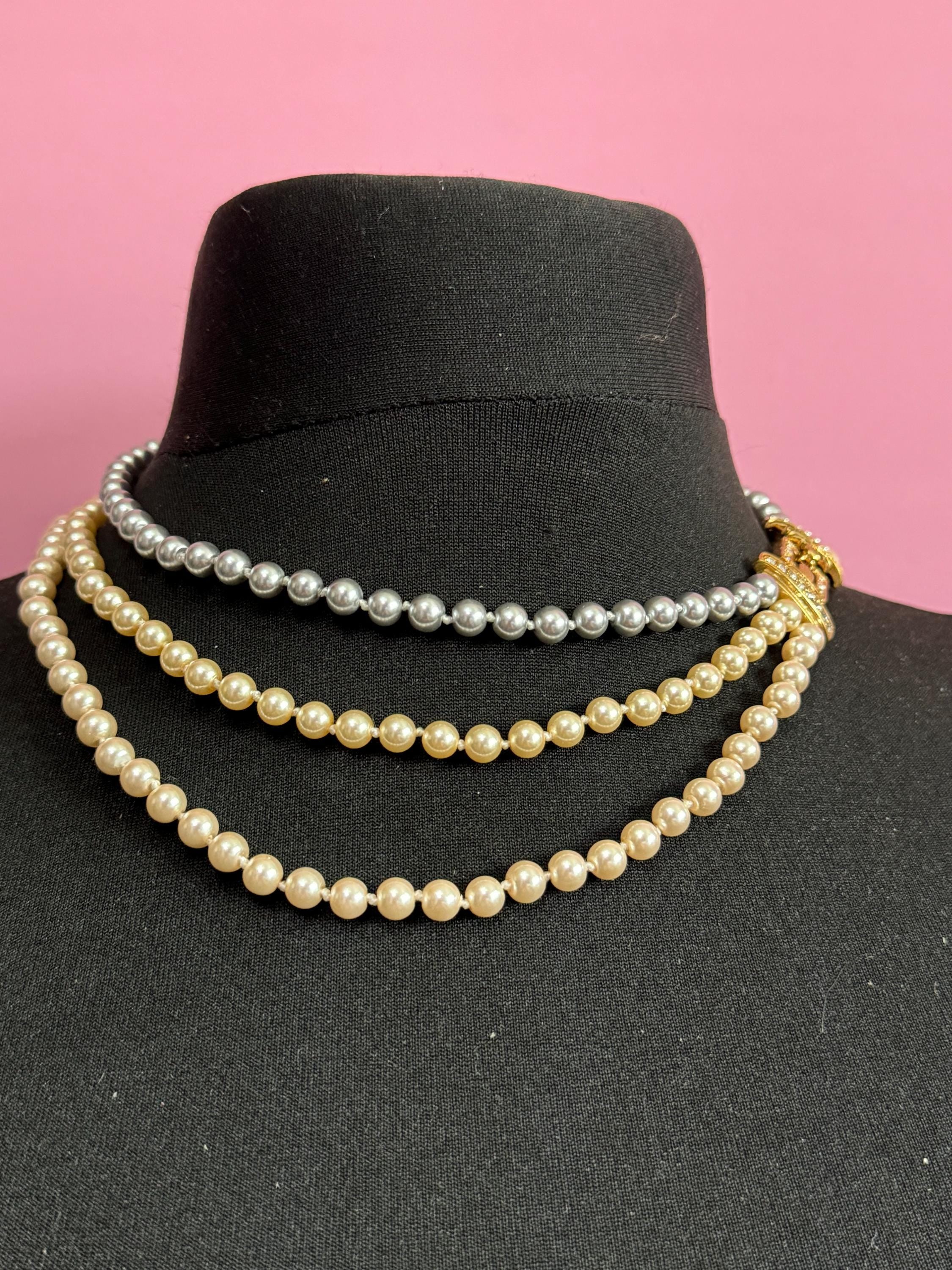 Retro Cream & Grey Knotted Glass Pearl Necklace: Gold Diamanté Clasp, 45cm
