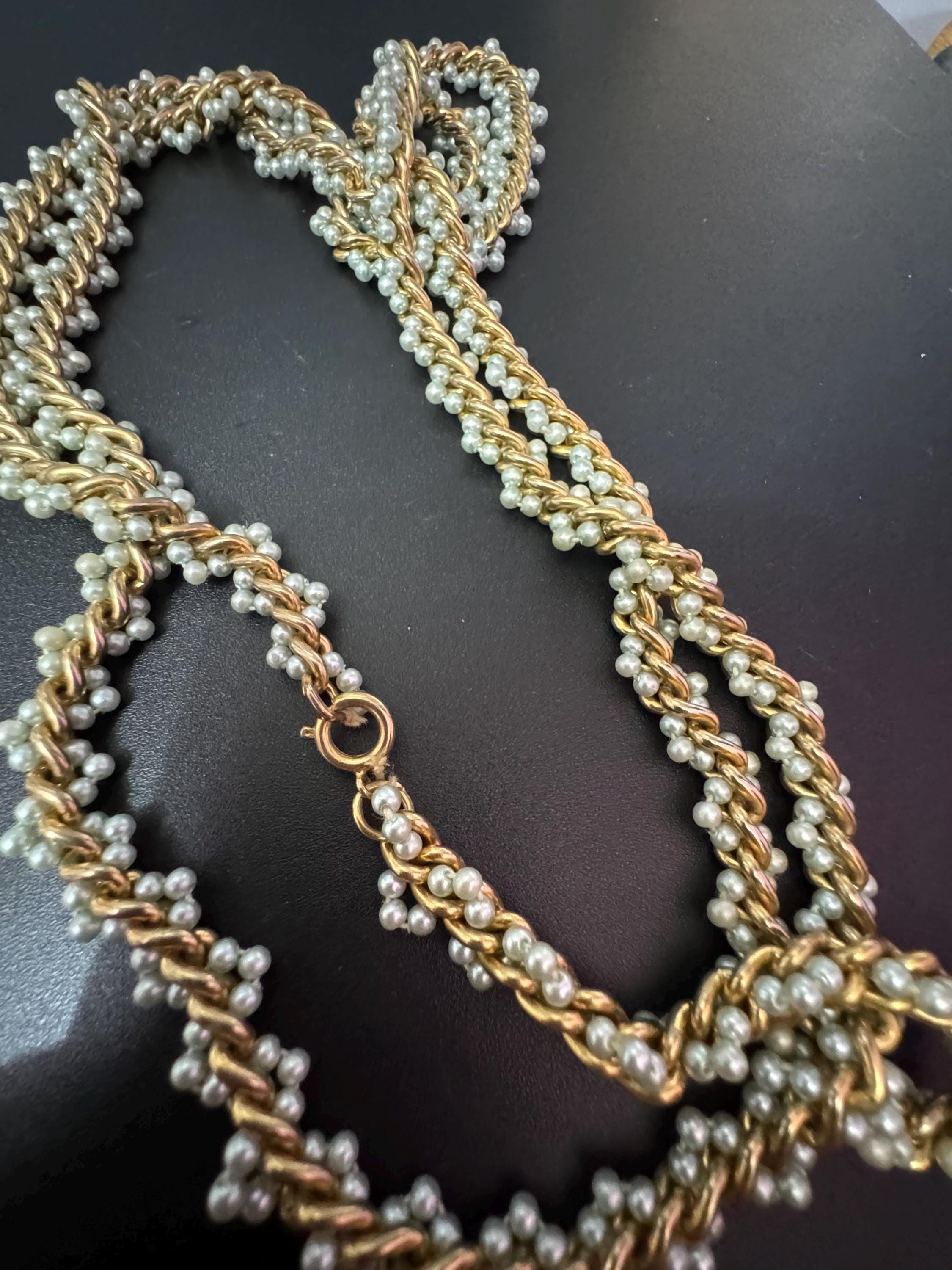 Vintage Long Seed Bead Necklace: Cream, Pale Blue & Gold Chain (118cm)
