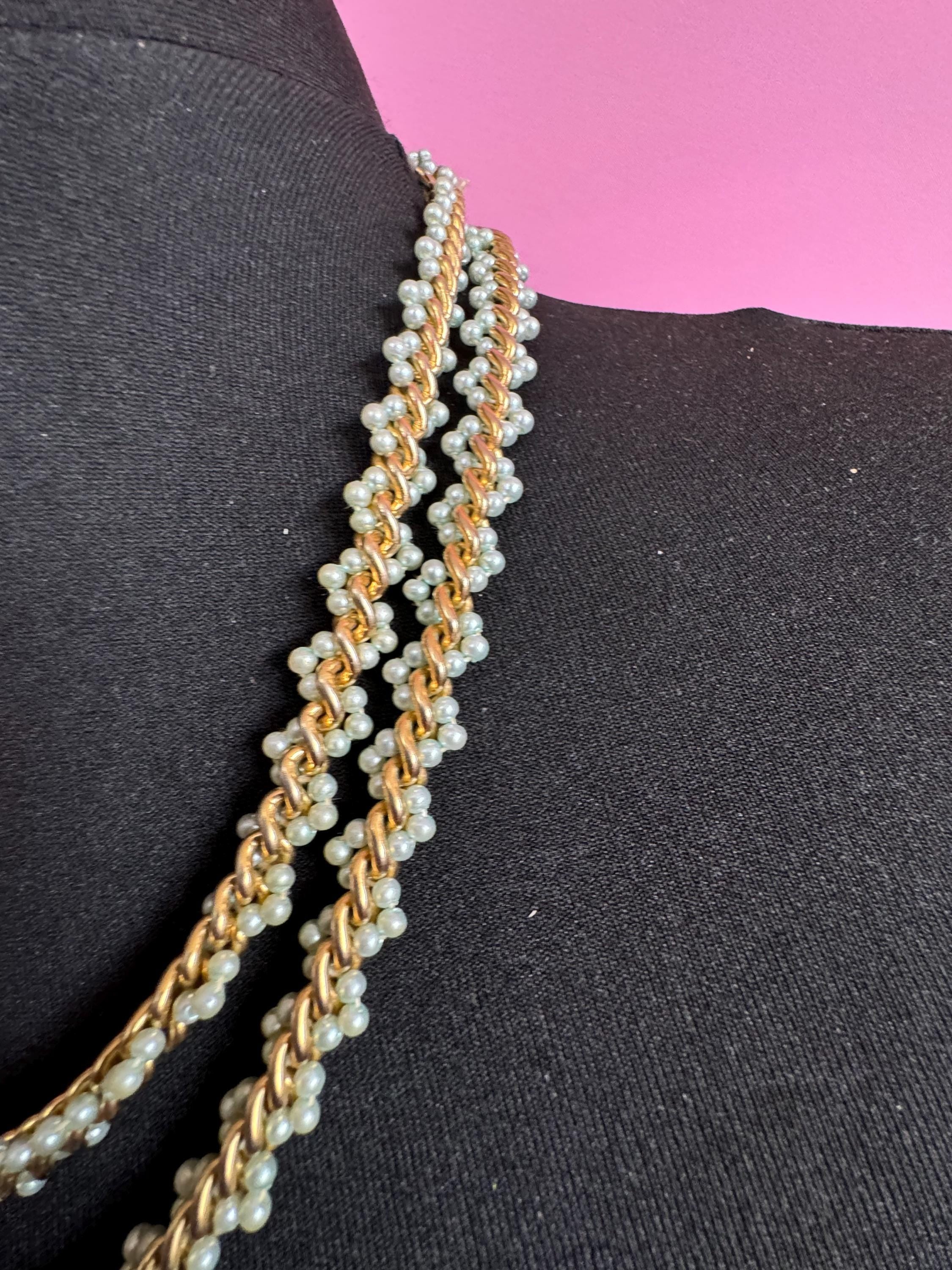 Vintage Long Seed Bead Necklace: Cream, Pale Blue & Gold Chain (118cm)