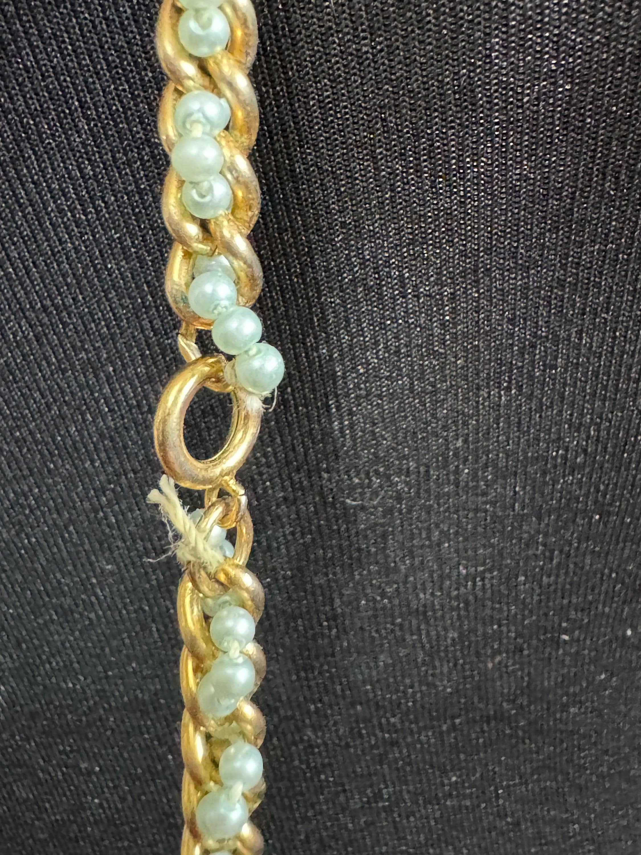 Vintage Long Seed Bead Necklace: Cream, Pale Blue & Gold Chain (118cm)