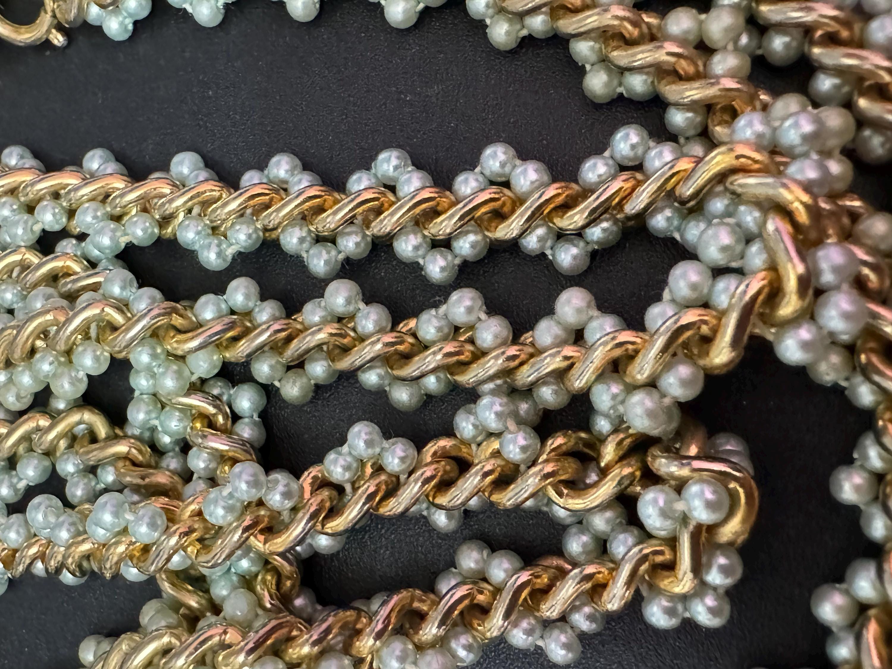 Vintage Long Seed Bead Necklace: Cream, Pale Blue & Gold Chain (118cm)