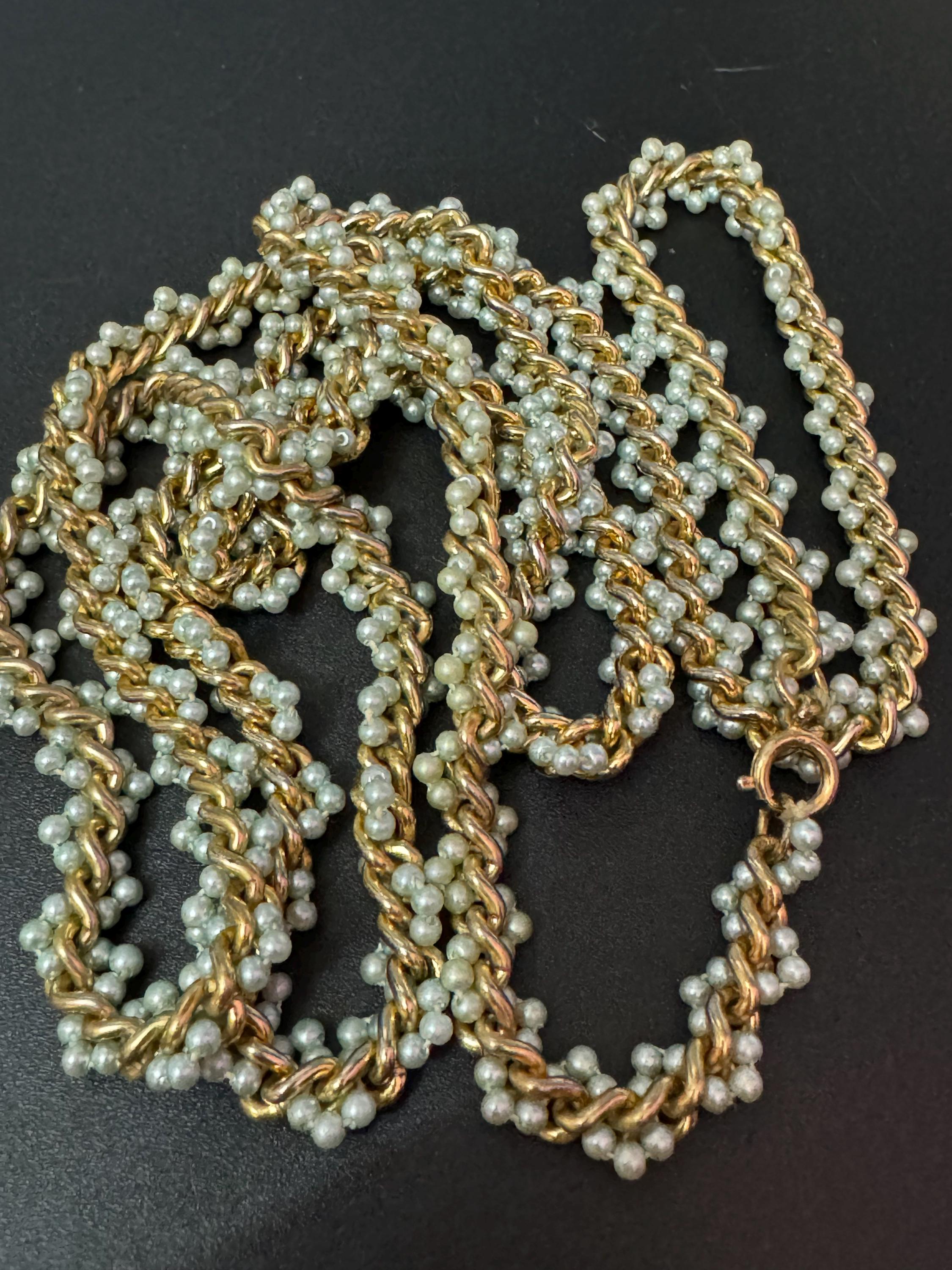 Vintage Long Seed Bead Necklace: Cream, Pale Blue & Gold Chain (118cm)