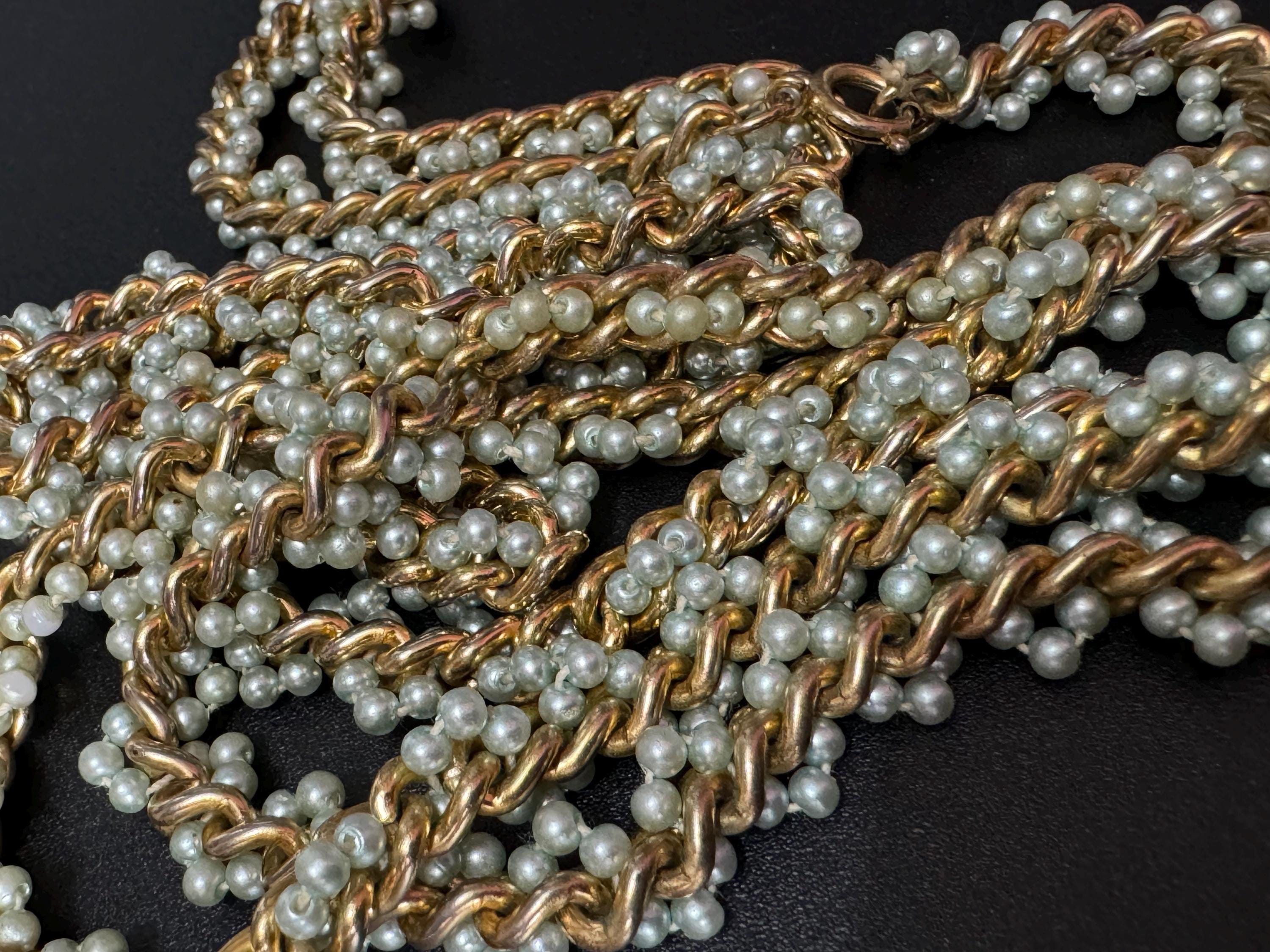 Vintage Long Seed Bead Necklace: Cream, Pale Blue & Gold Chain (118cm)