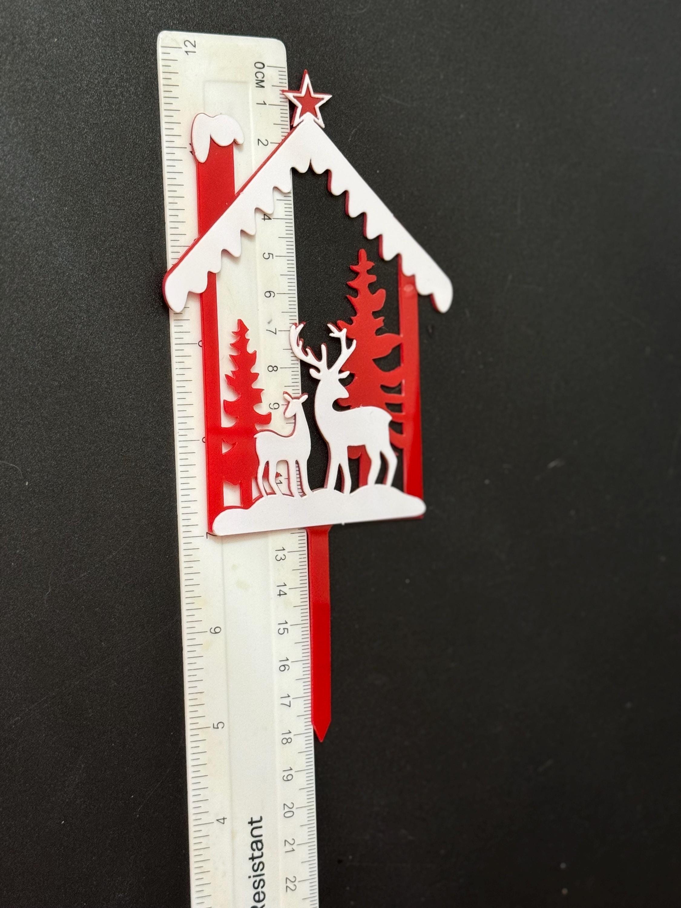 Decorate your own Red acrylic Nordic reindeer snow scene Christmas Cake Topper plastic reusable kit