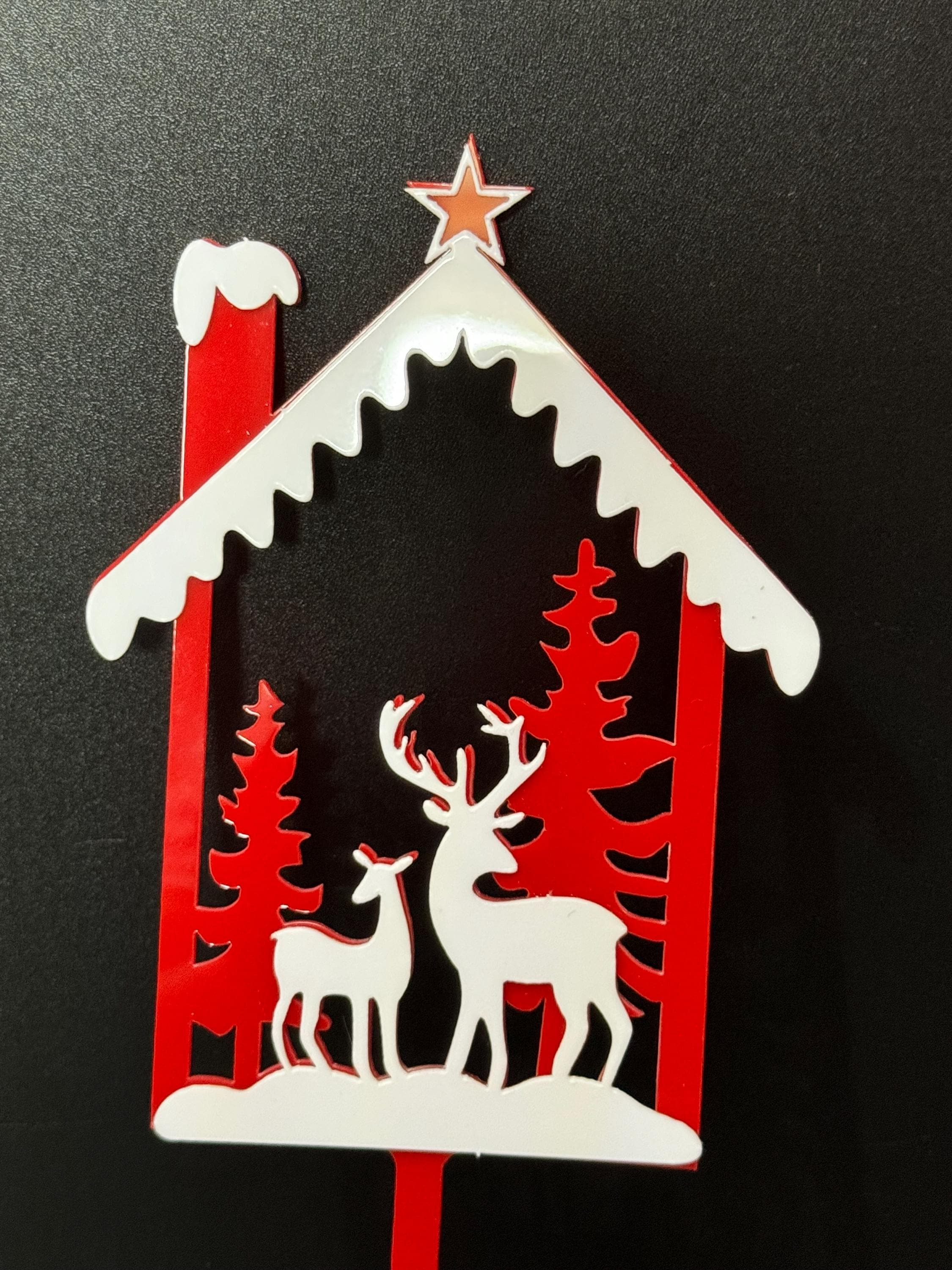 Decorate your own Red acrylic Nordic reindeer snow scene Christmas Cake Topper plastic reusable kit