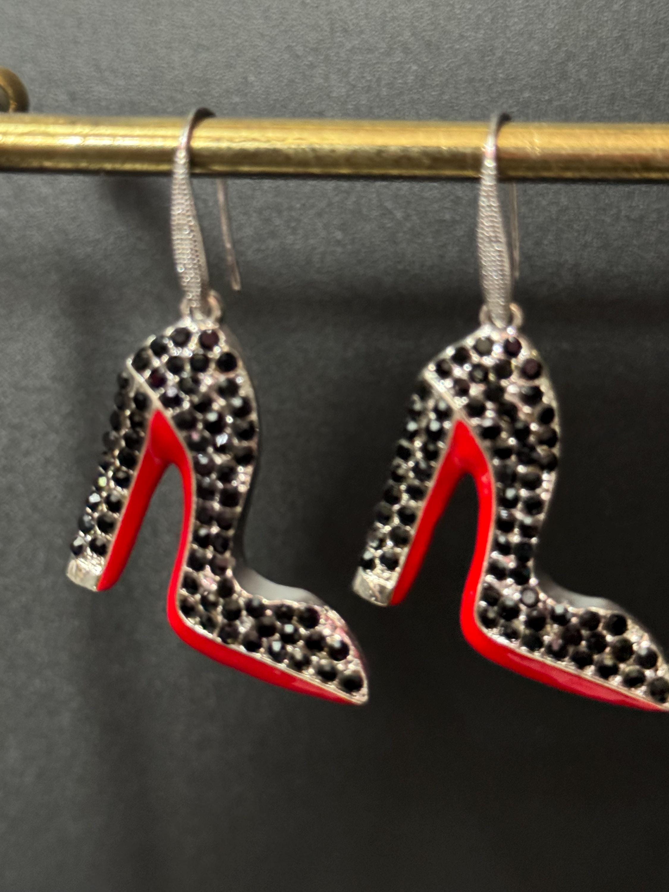 Diamanté Stiletto Shoe Earrings: Silver, Enamel Red Sole