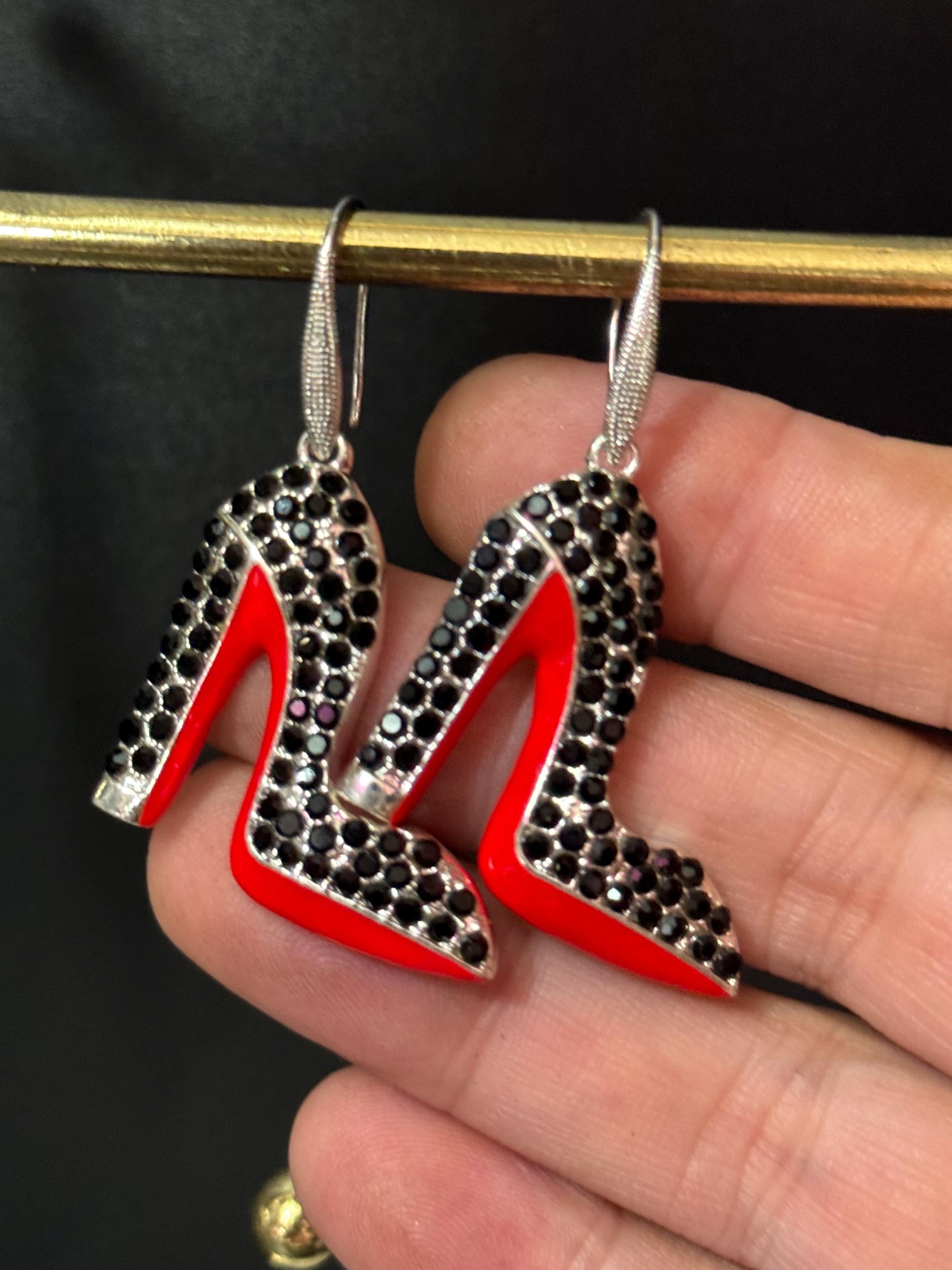 Diamanté Stiletto Shoe Earrings: Silver, Enamel Red Sole