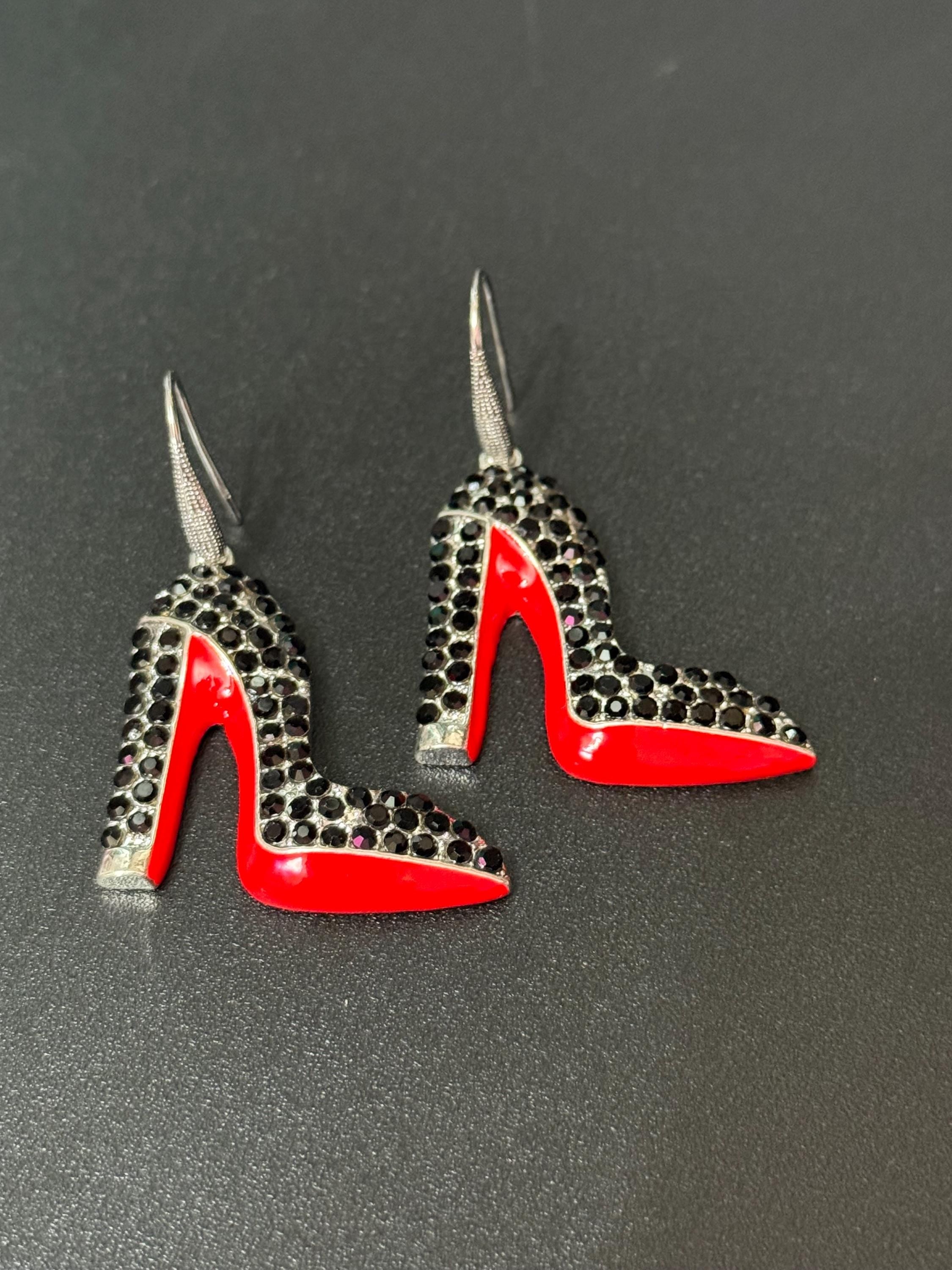 Diamanté Stiletto Shoe Earrings: Silver, Enamel Red Sole