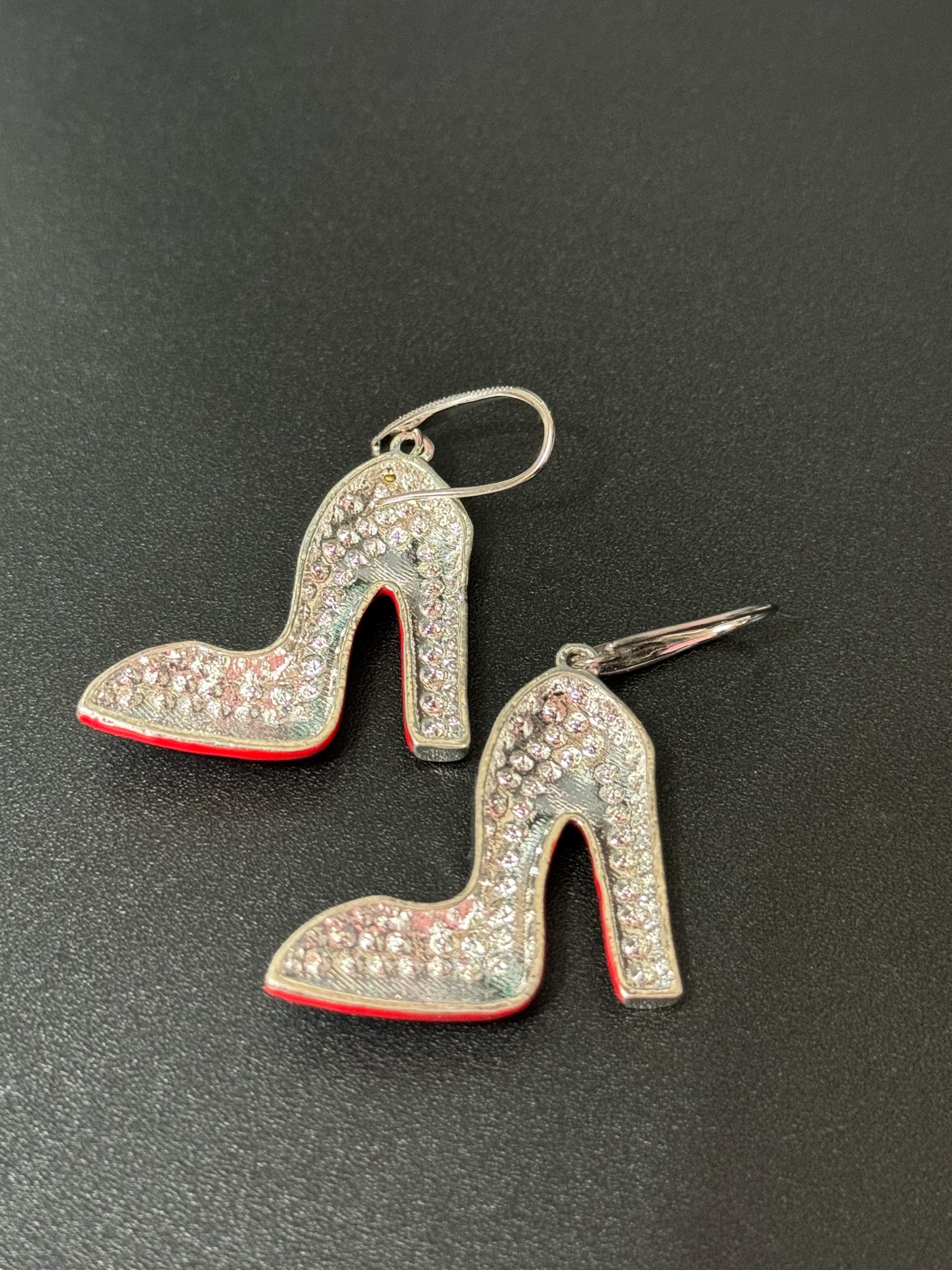 Diamanté Stiletto Shoe Earrings: Silver, Enamel Red Sole