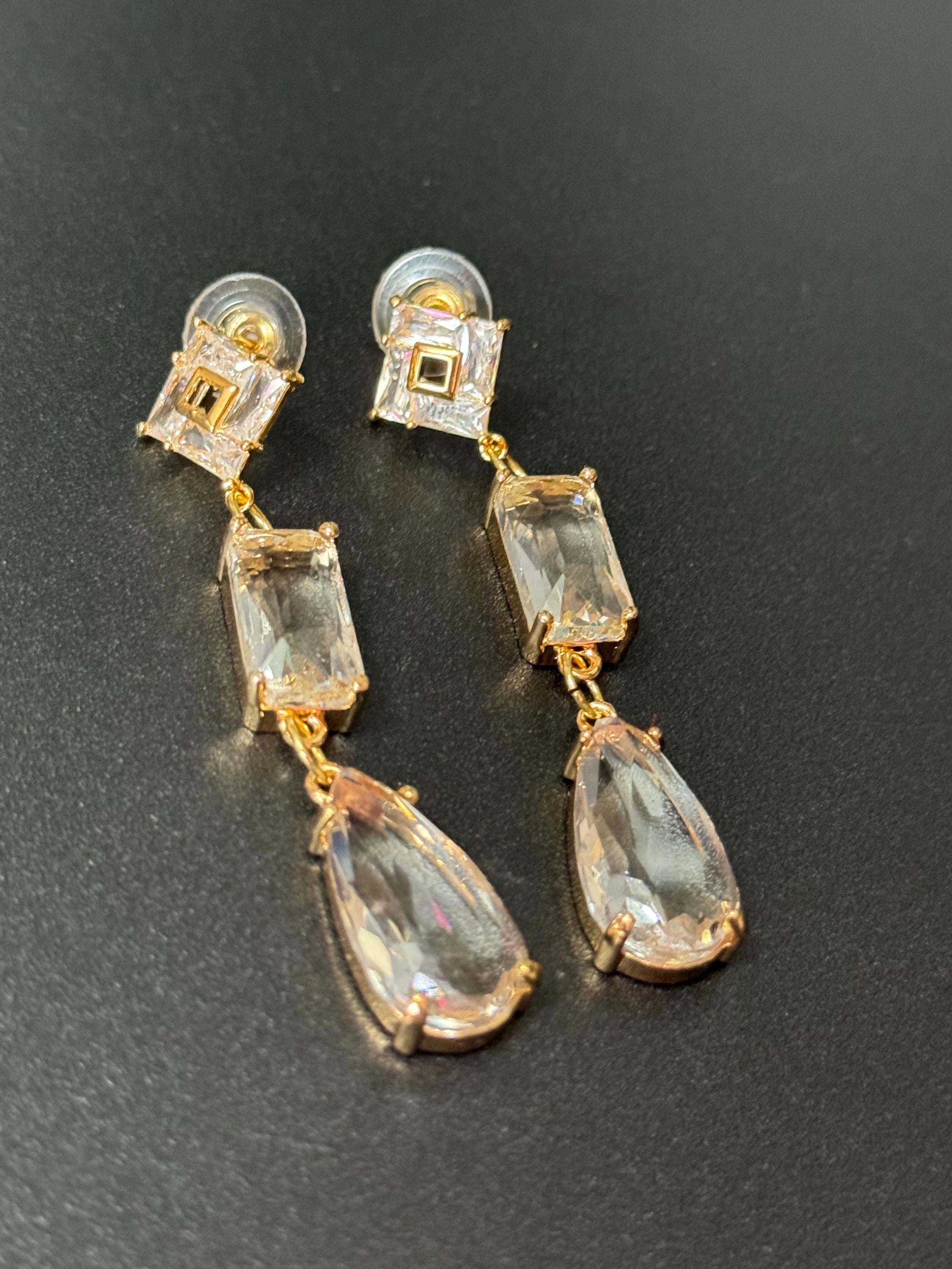 18k Gold plated crystal glass clear long teardrop earrings
