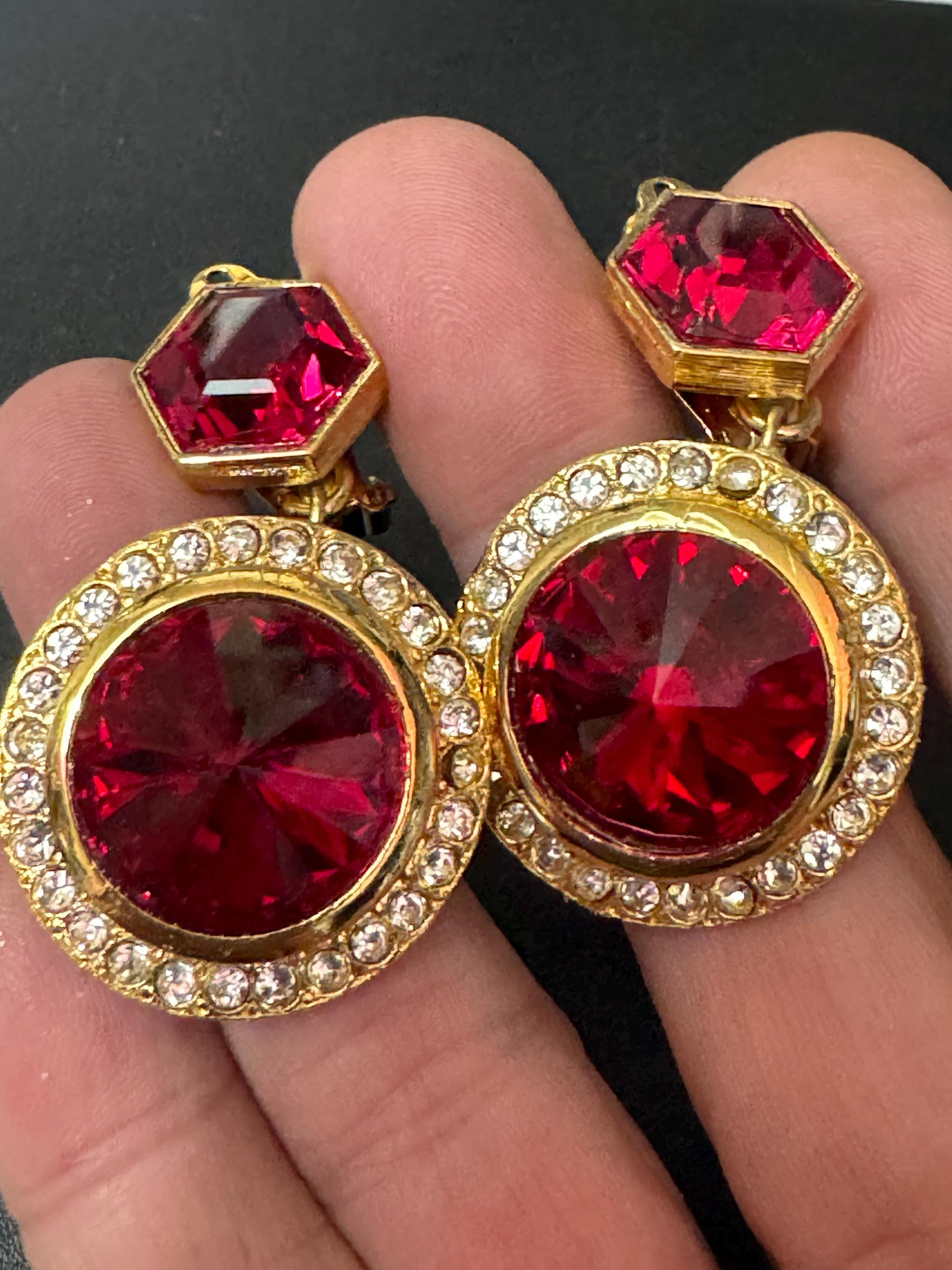 Vintage Swarovski Crystal Dangly Earrings: Gold Tone Ruby Red Rivoli, 1980s