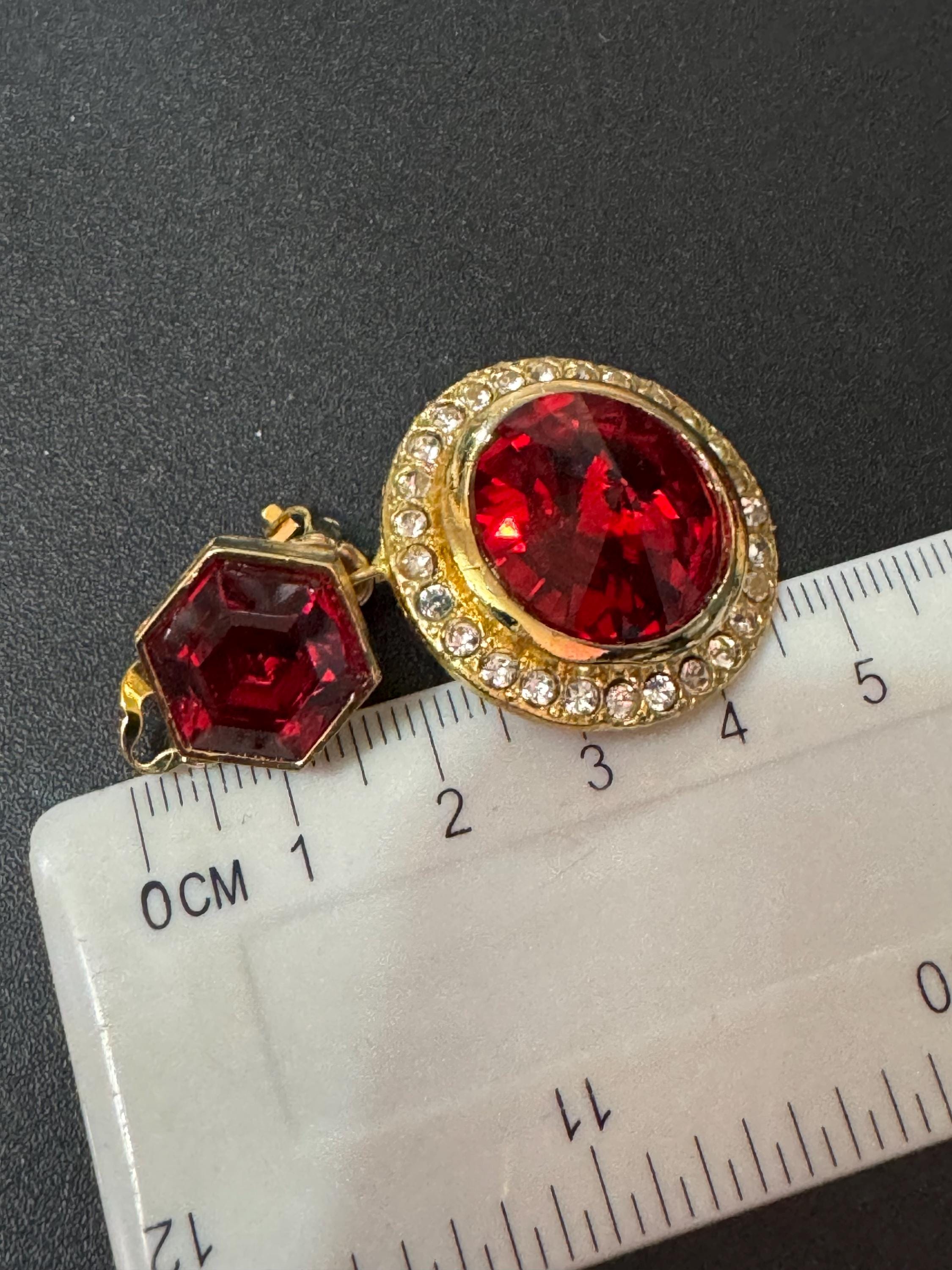 Vintage Swarovski Crystal Dangly Earrings: Gold Tone Ruby Red Rivoli, 1980s
