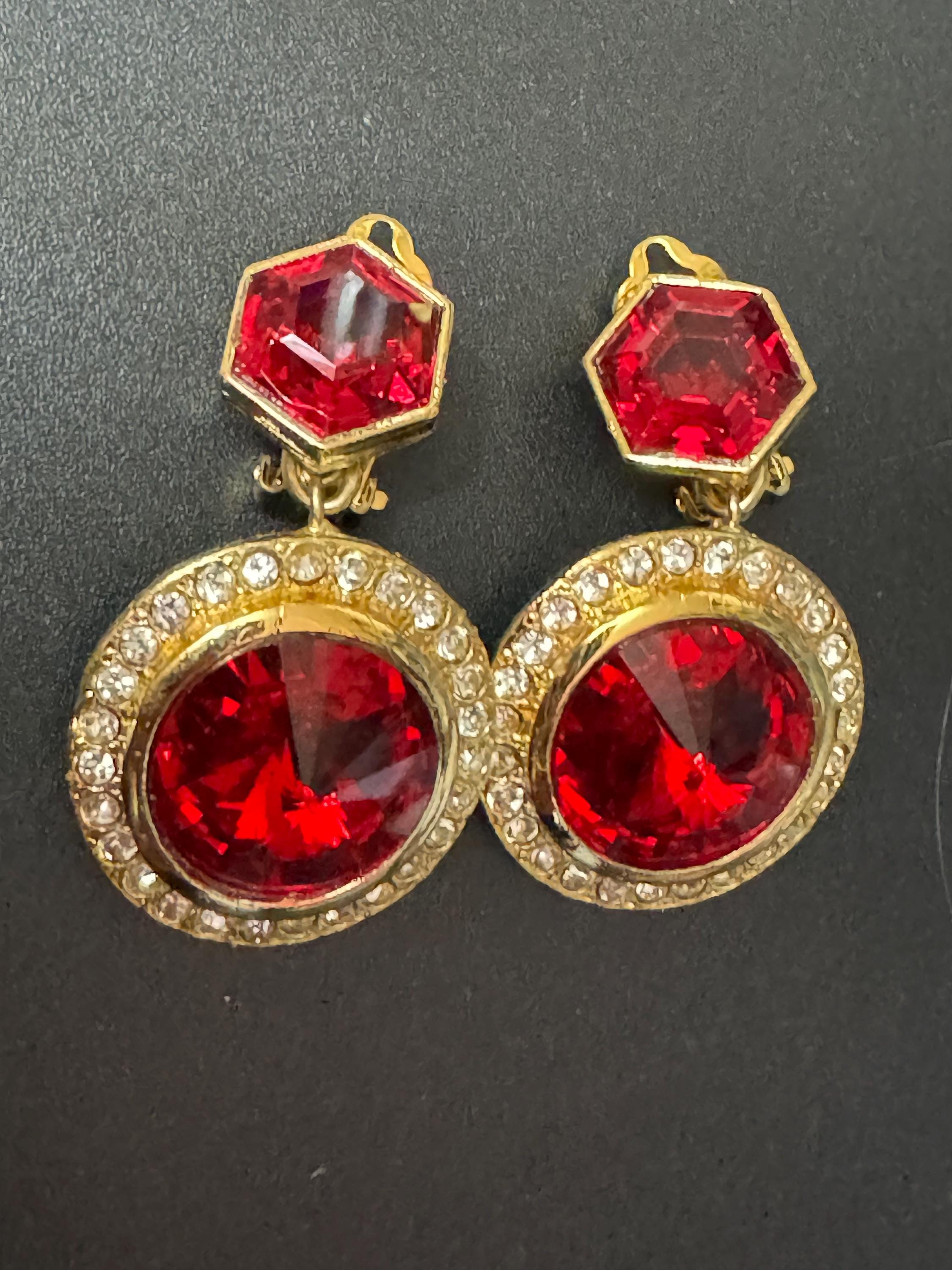Vintage Swarovski Crystal Dangly Earrings: Gold Tone Ruby Red Rivoli, 1980s