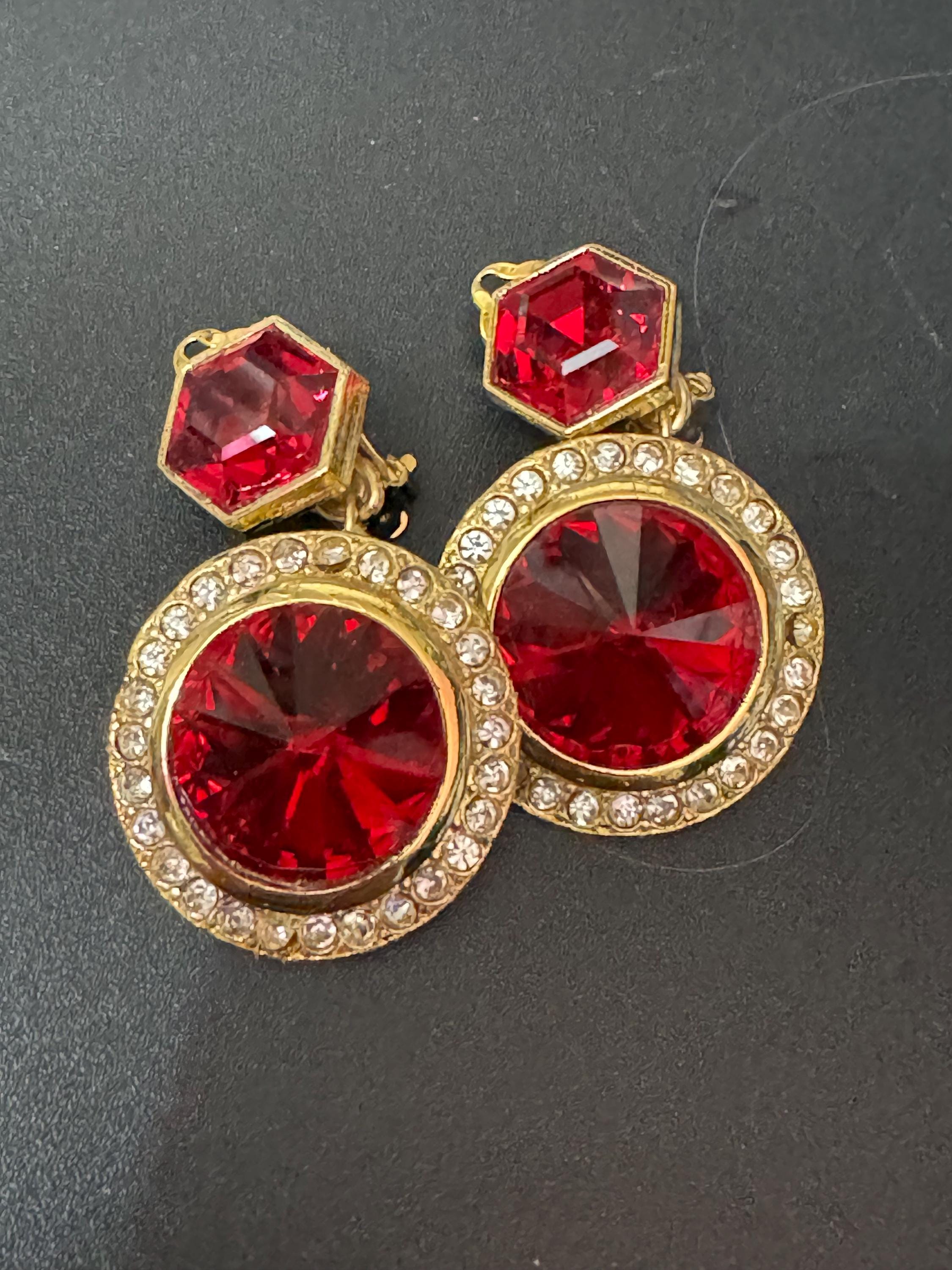 Vintage Swarovski Crystal Dangly Earrings: Gold Tone Ruby Red Rivoli, 1980s
