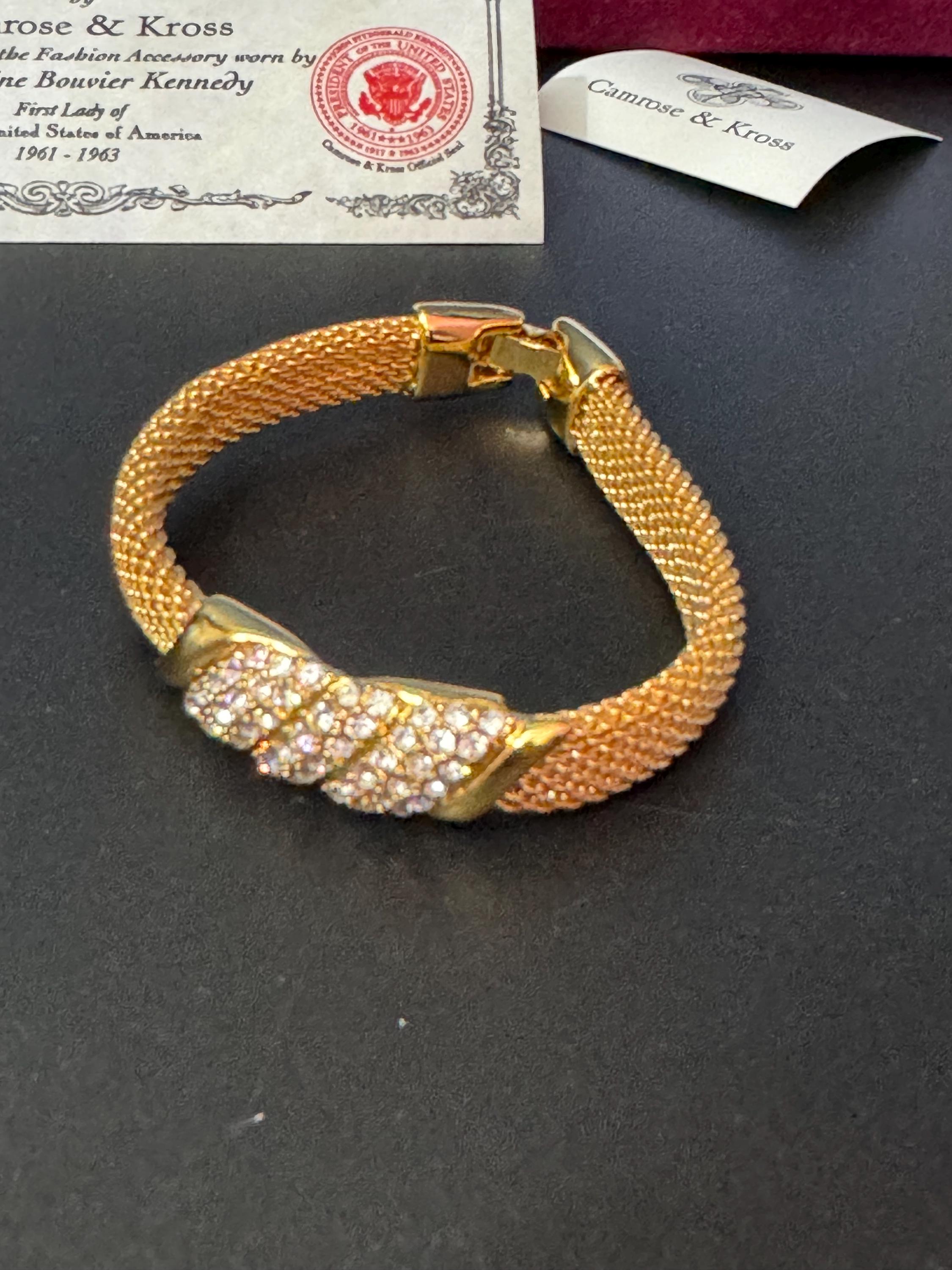camrose and Kross signed JBK Jaqueline Kennedy vintage gold tone clear diamanté wide mesh panel bracelet