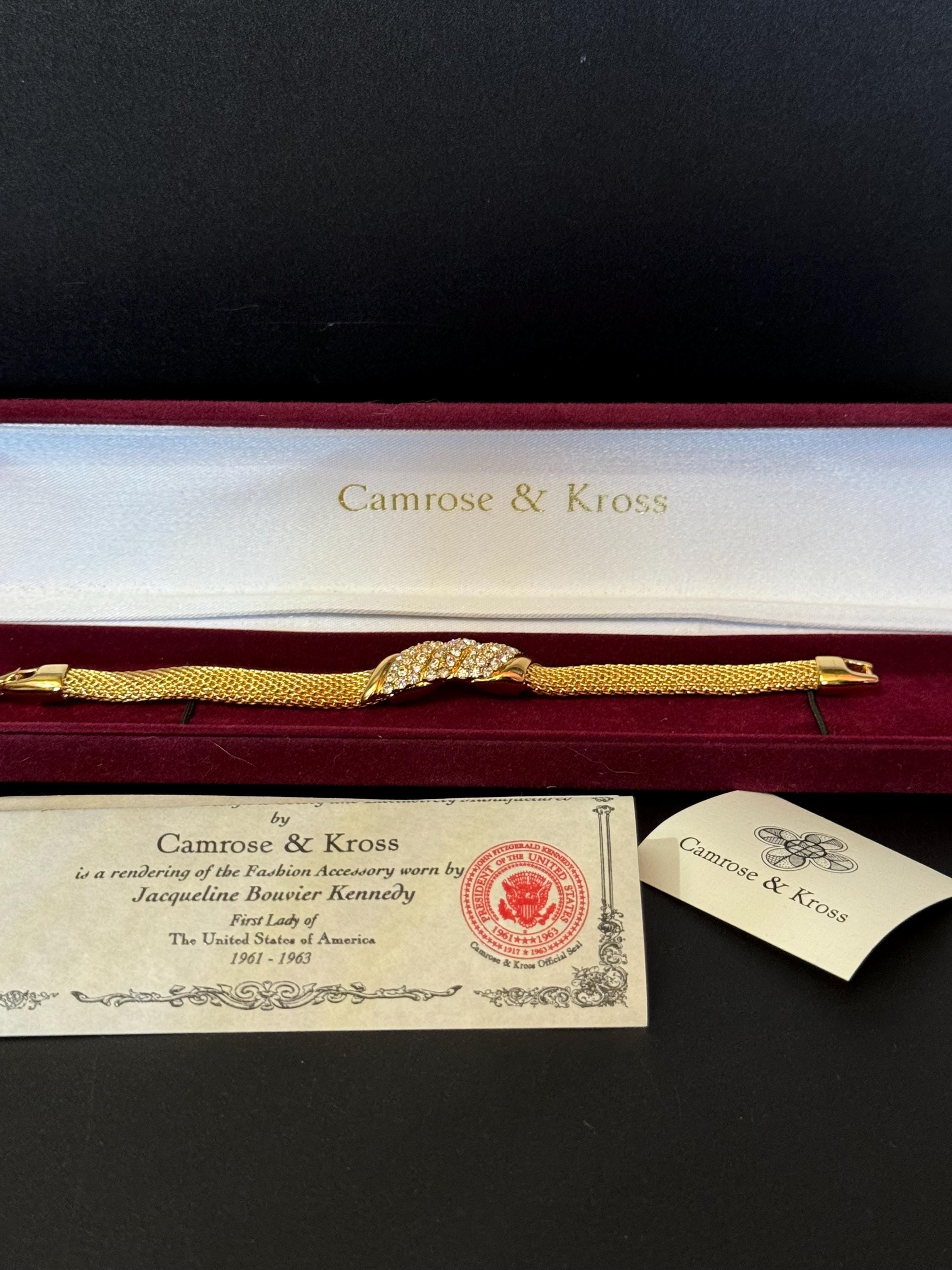camrose and Kross signed JBK Jaqueline Kennedy vintage gold tone clear diamanté wide mesh panel bracelet