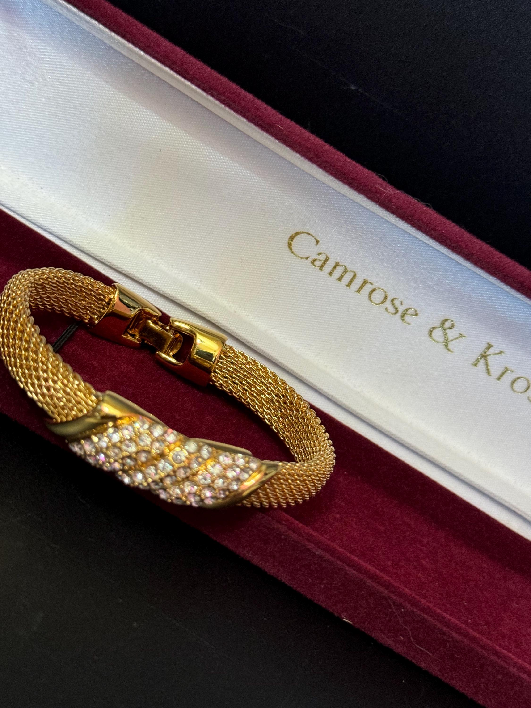 camrose and Kross signed JBK Jaqueline Kennedy vintage gold tone clear diamanté wide mesh panel bracelet