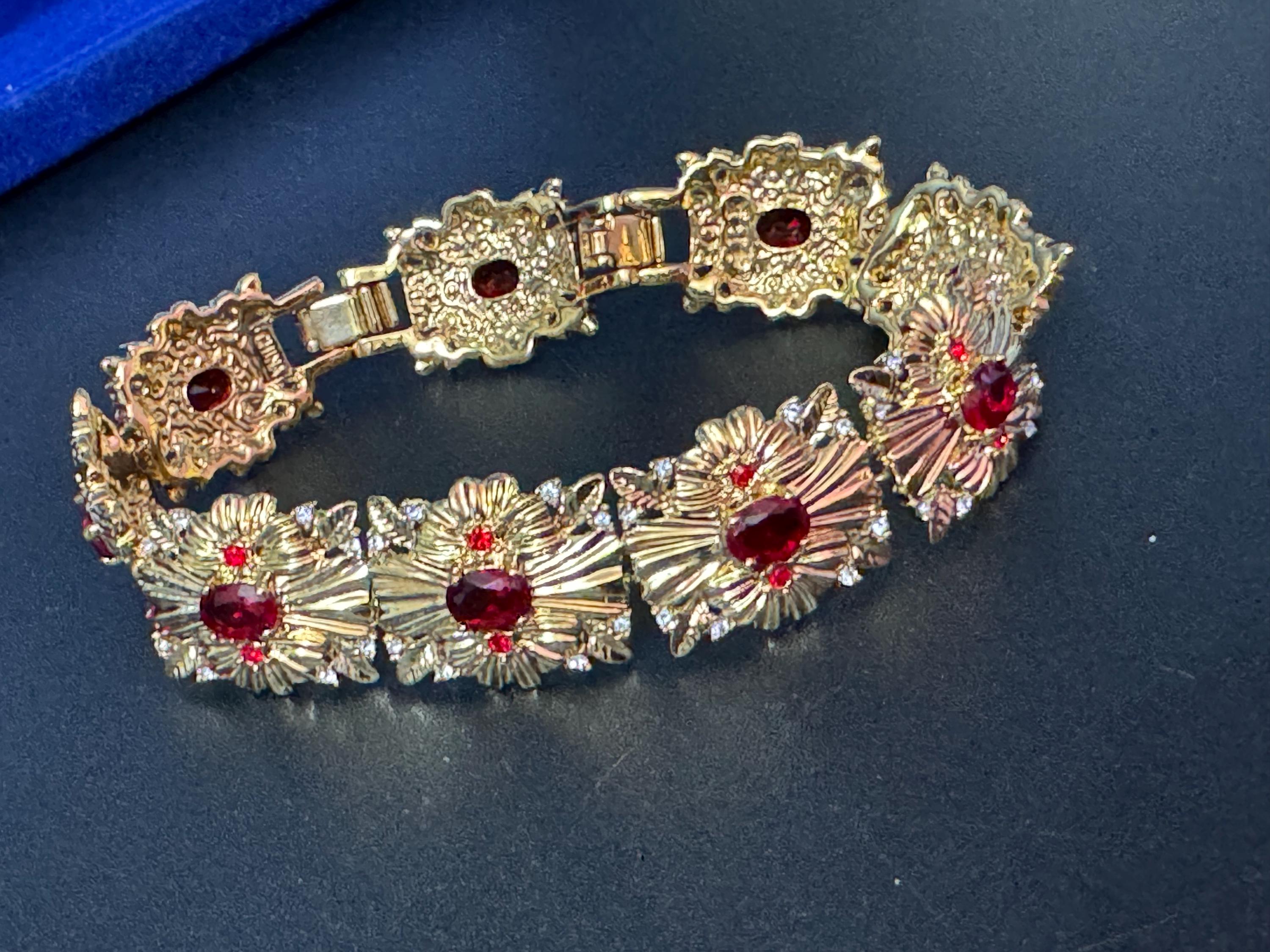JBK Jacqueline Kennedy Vintage Diamanté Ruby Red Gold Tone Bracelet