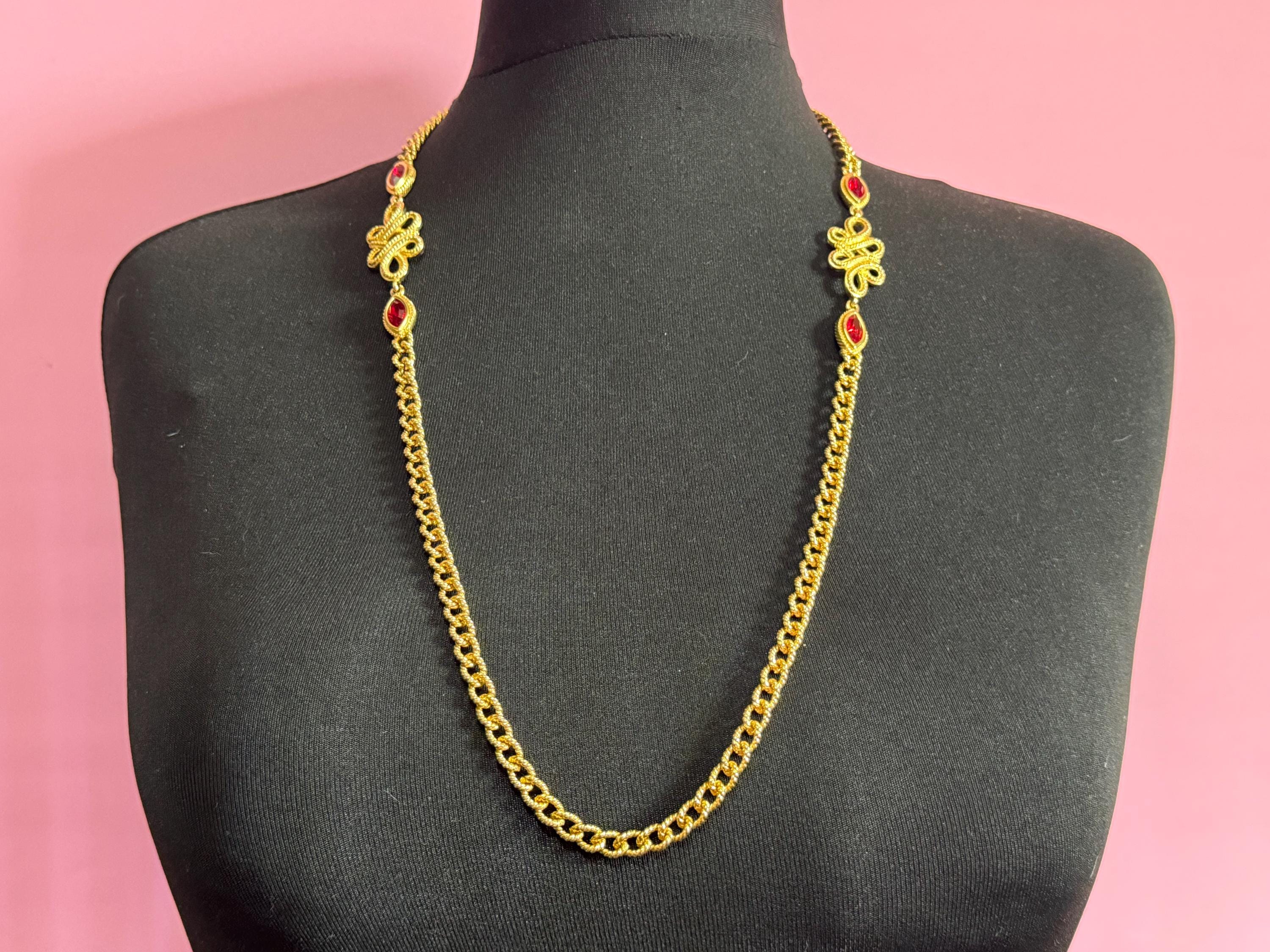 Signed Swarovski gold tone ruby red crystal diamanté designer long layering necklace 80cm