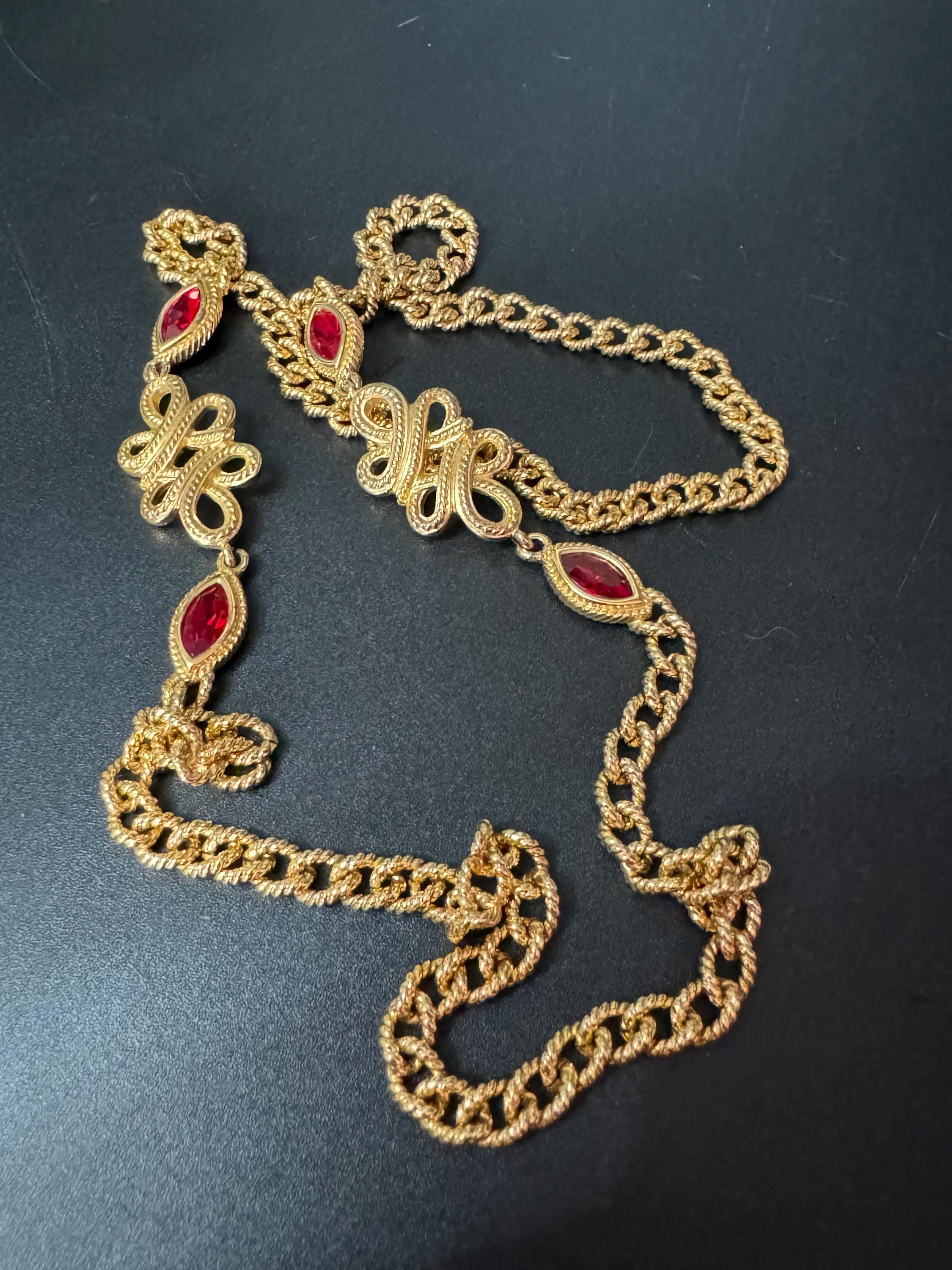 Signed Swarovski gold tone ruby red crystal diamanté designer long layering necklace 80cm