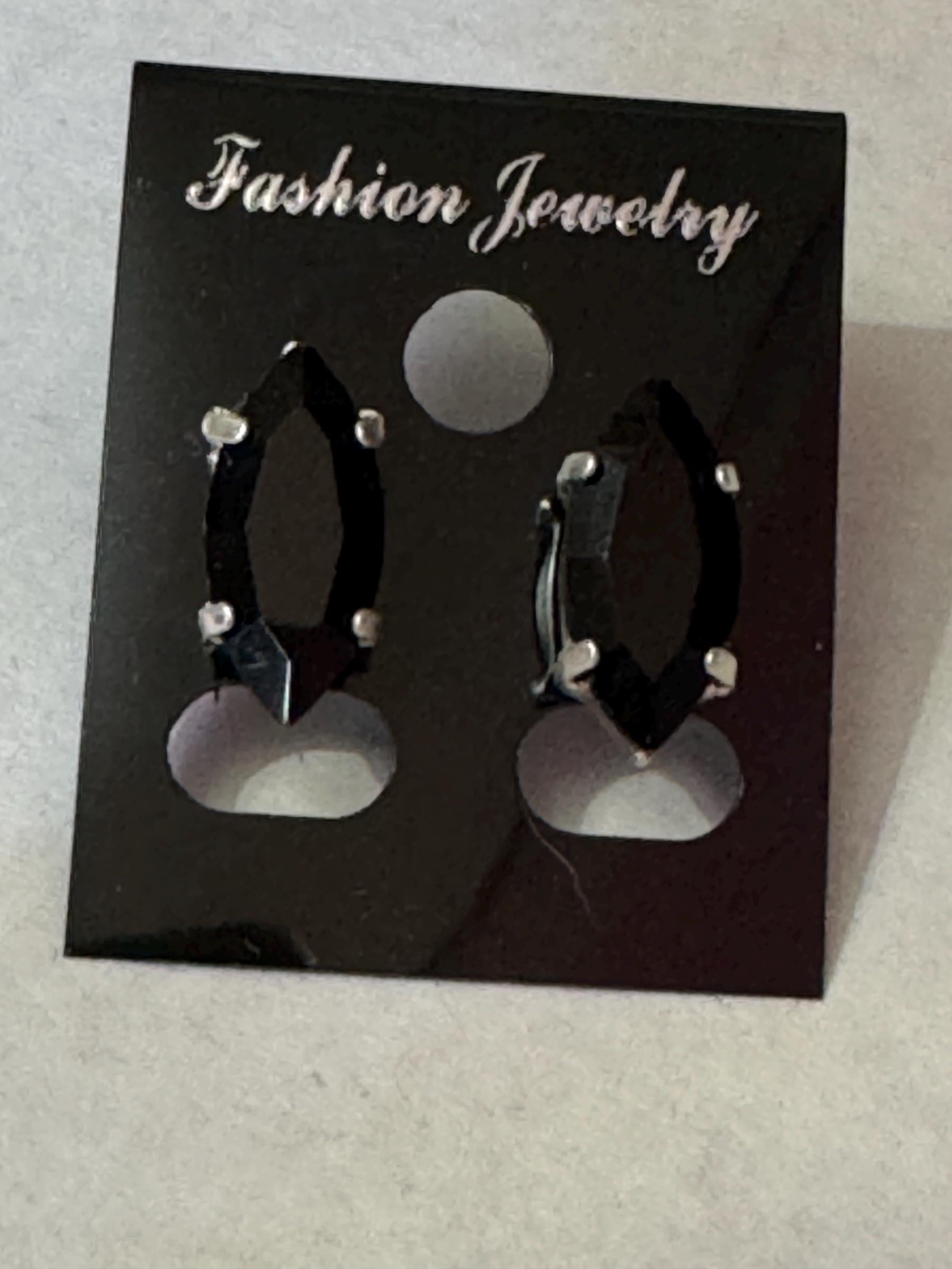Black glass navette crystal earrings pierced 15mm