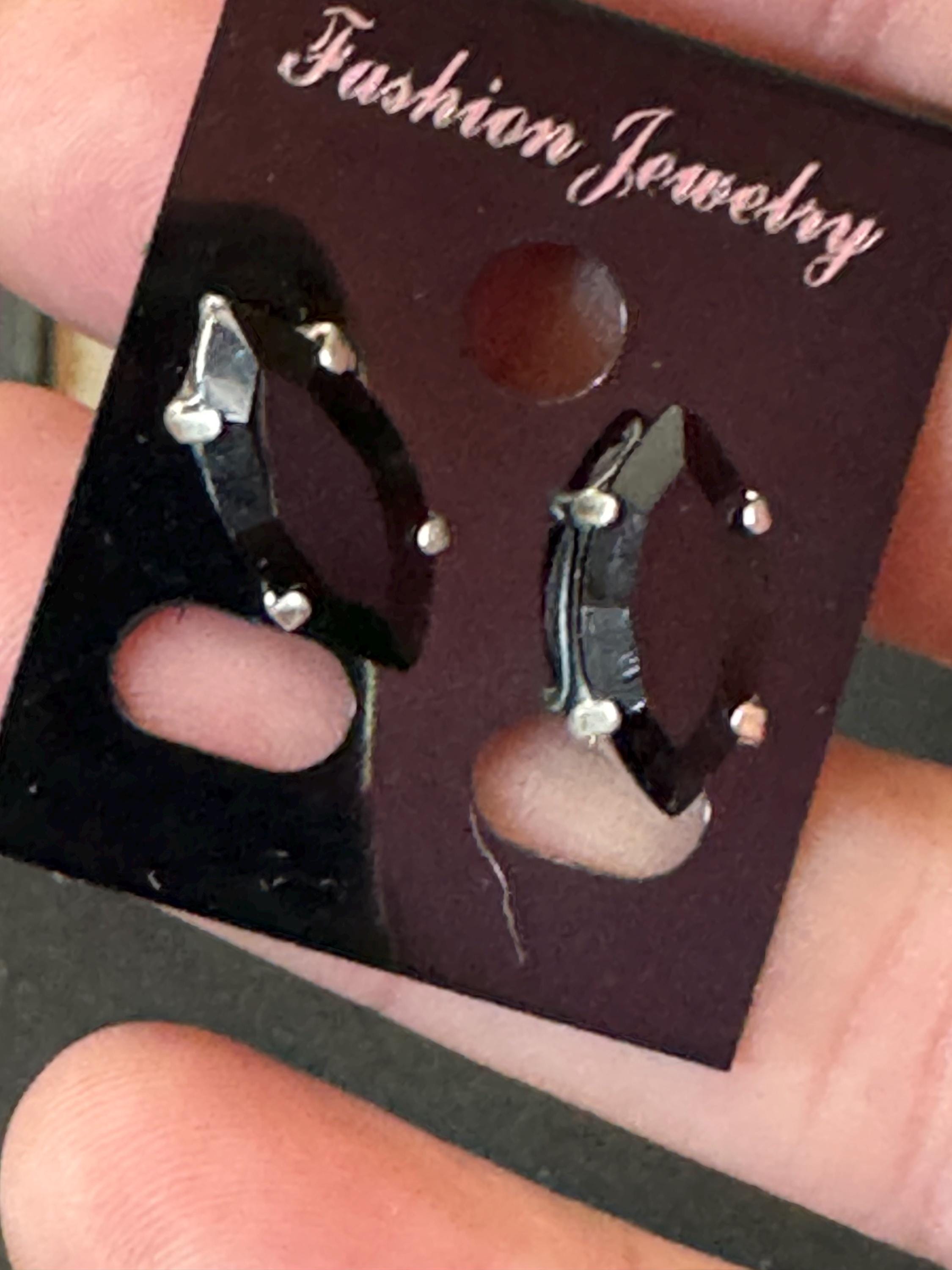 Black glass navette crystal earrings pierced 15mm