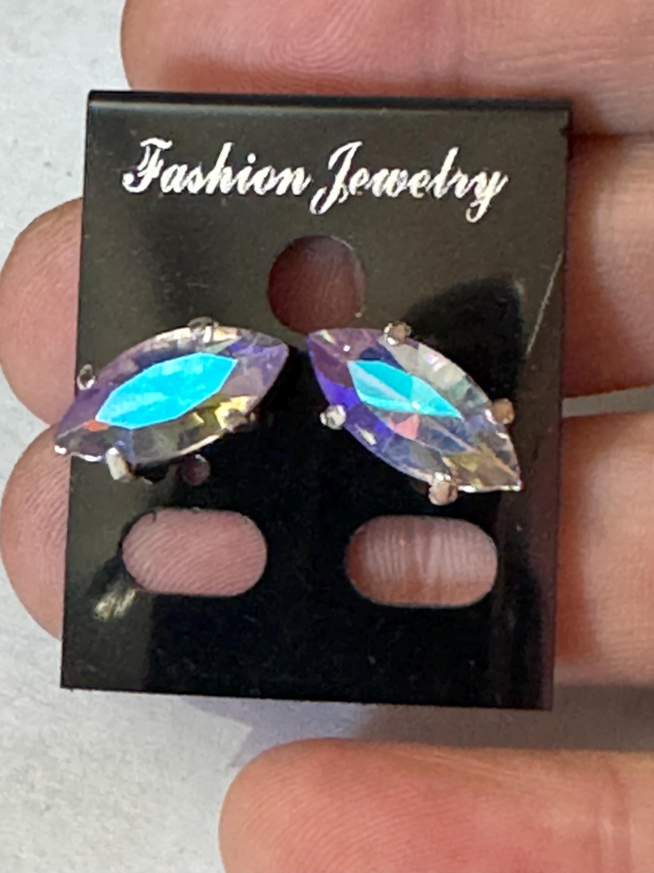 AB Aurora borealis diamanté silver navette crystal earrings pierced