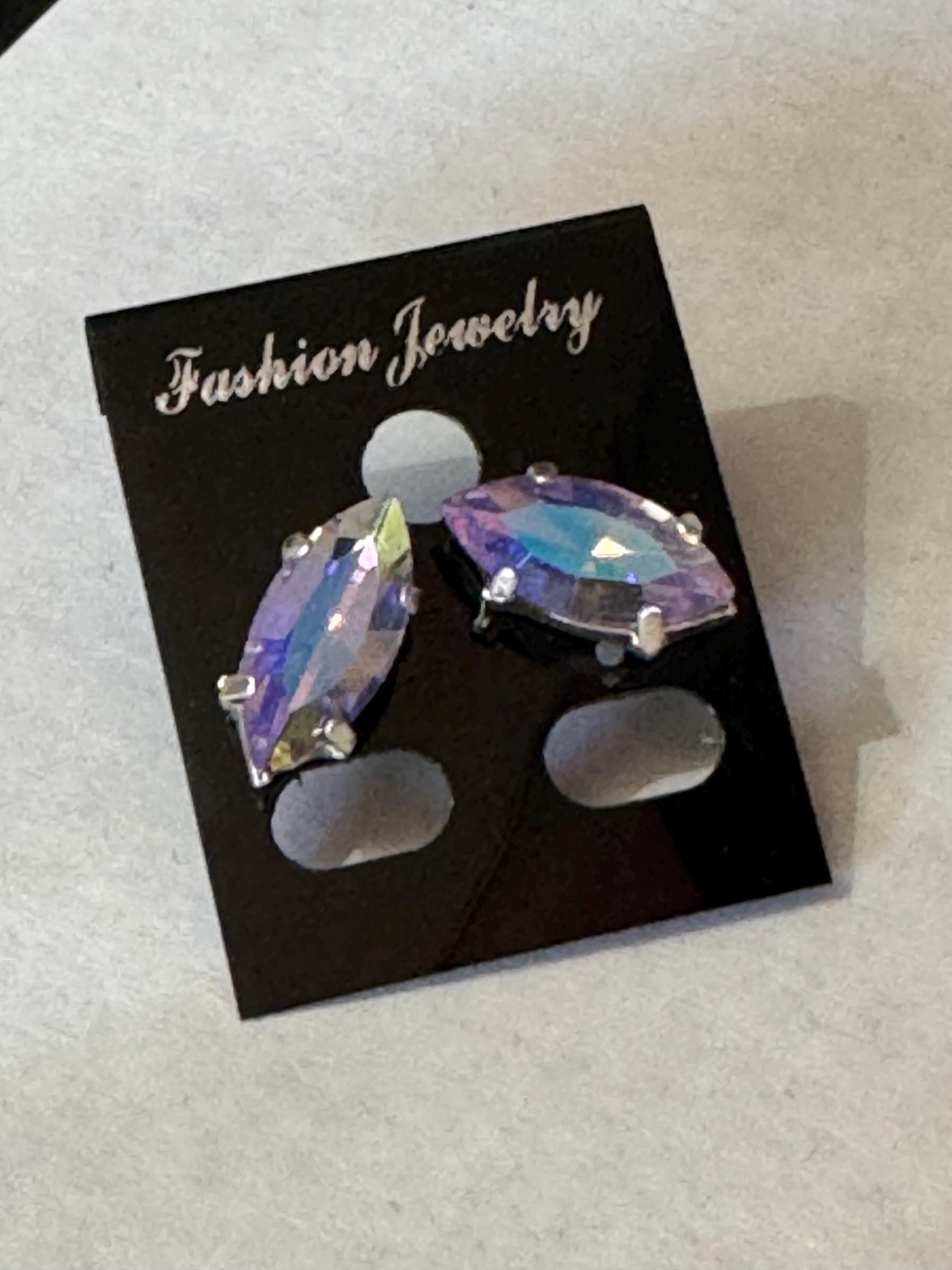 AB Aurora borealis diamanté silver navette crystal earrings pierced