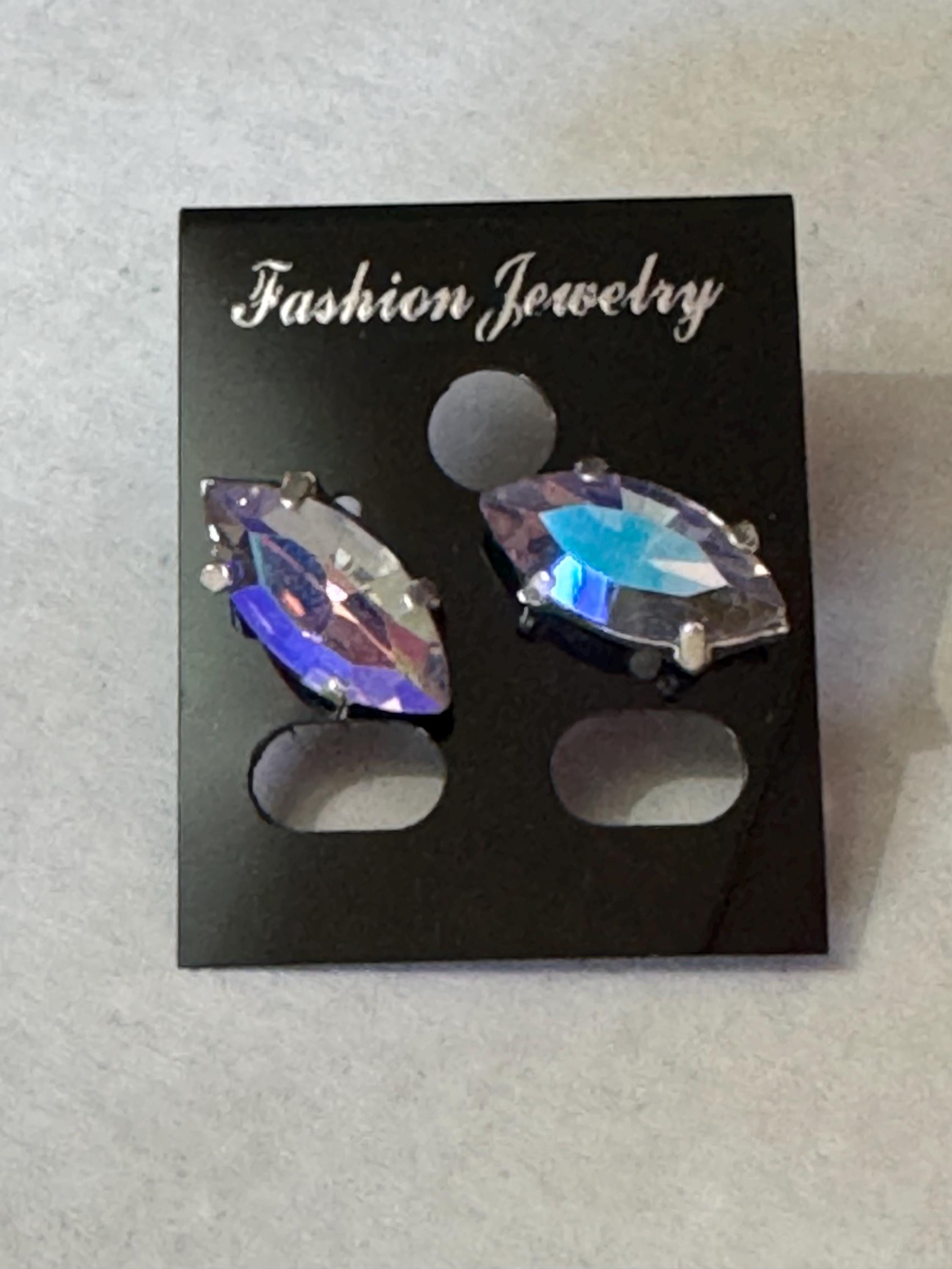 AB Aurora borealis diamanté silver navette crystal earrings pierced