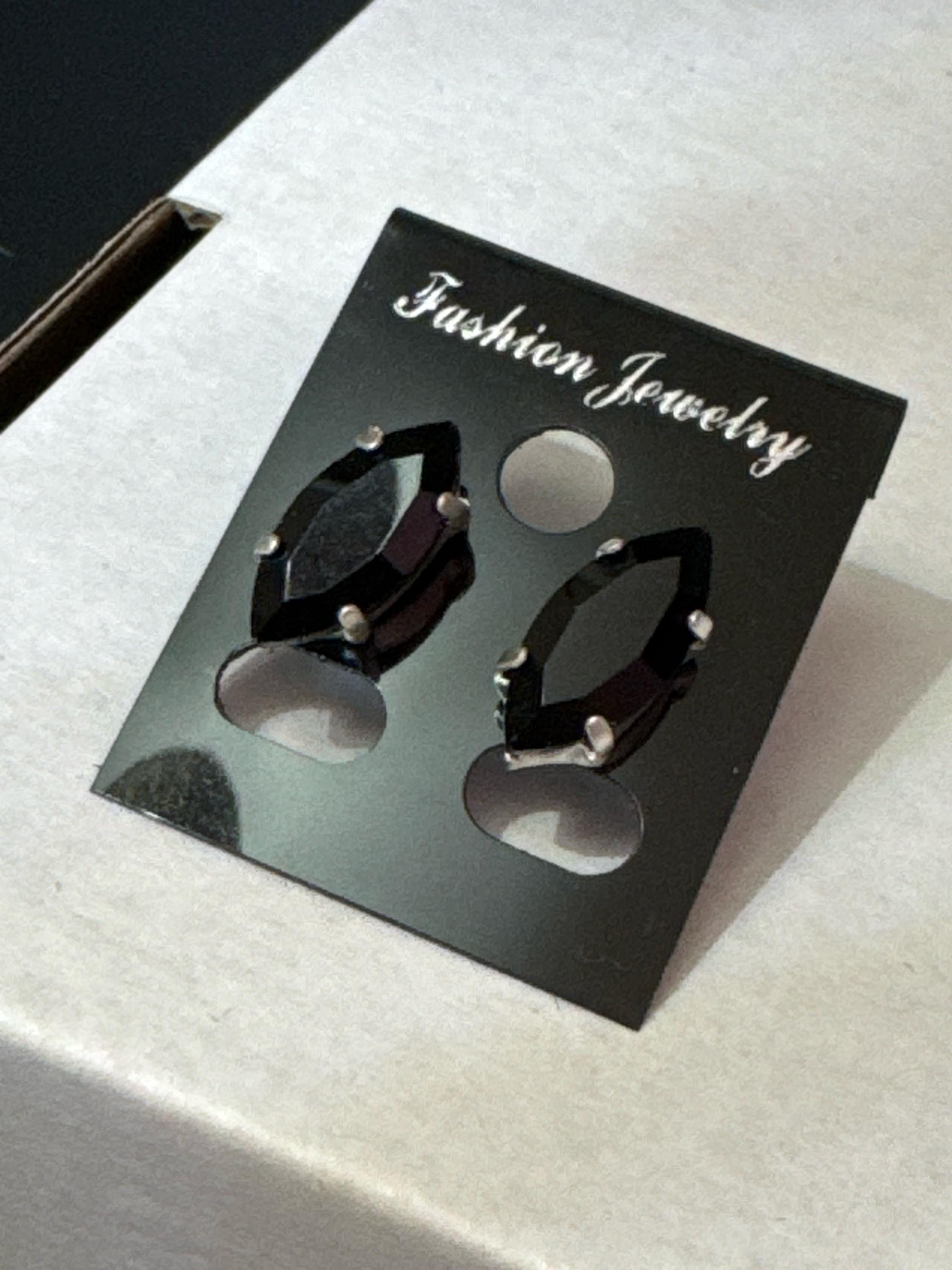 Black glass navette crystal earrings pierced 15mm