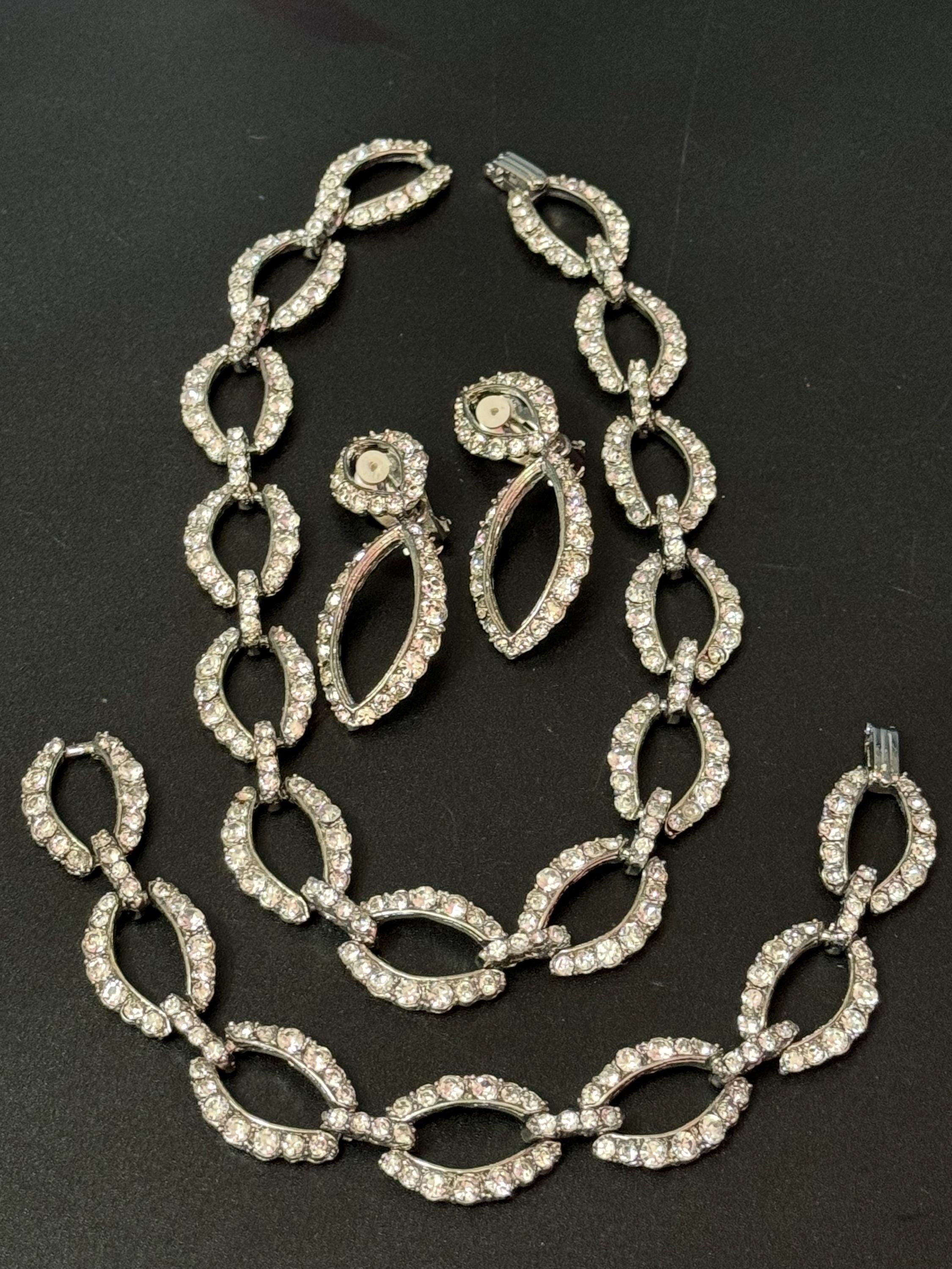 Vintage Rhinestone Jewelry Set: Choker, Bracelet & Clip-On Earrings