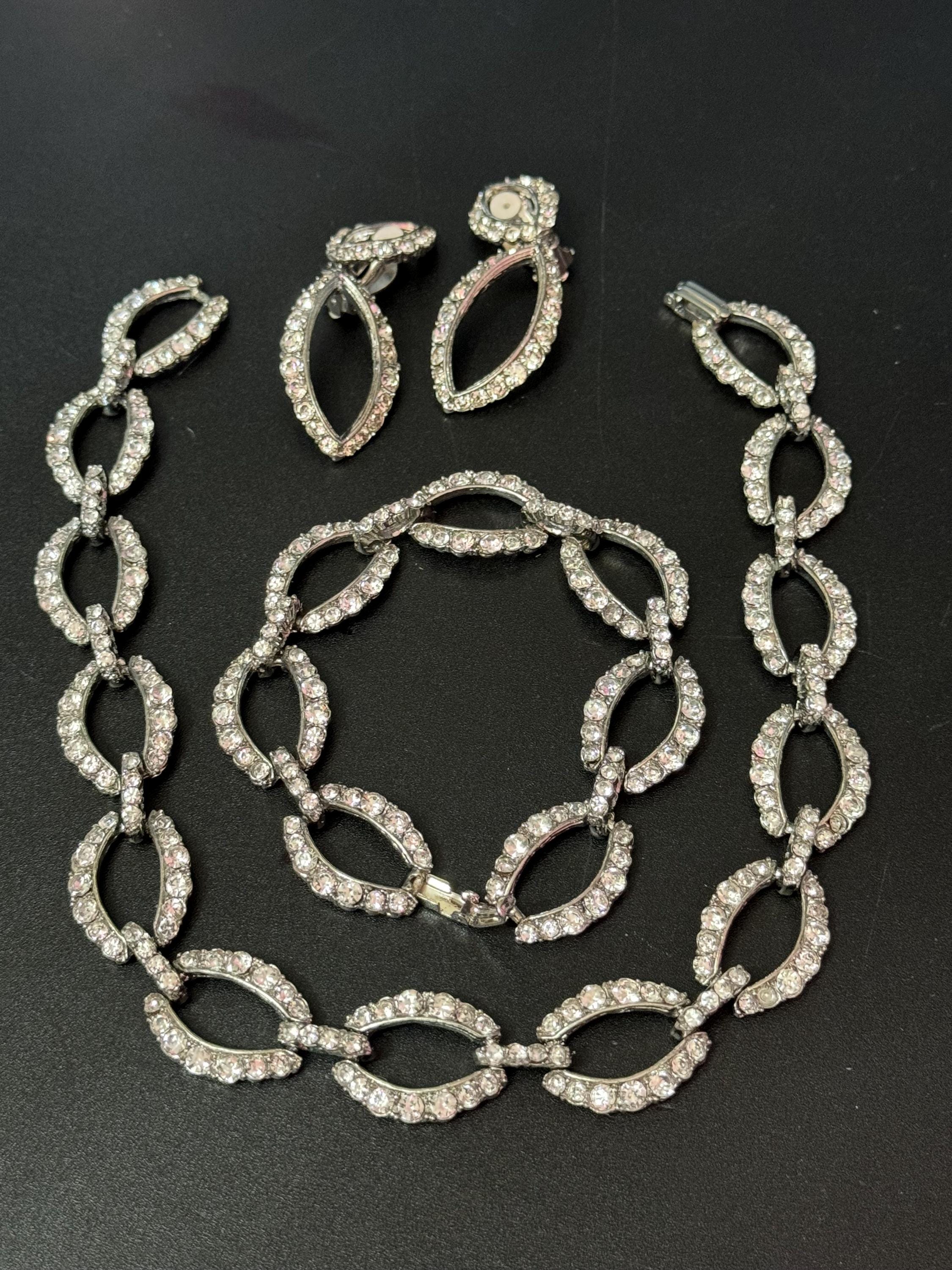 Vintage Rhinestone Jewelry Set: Choker, Bracelet & Clip-On Earrings