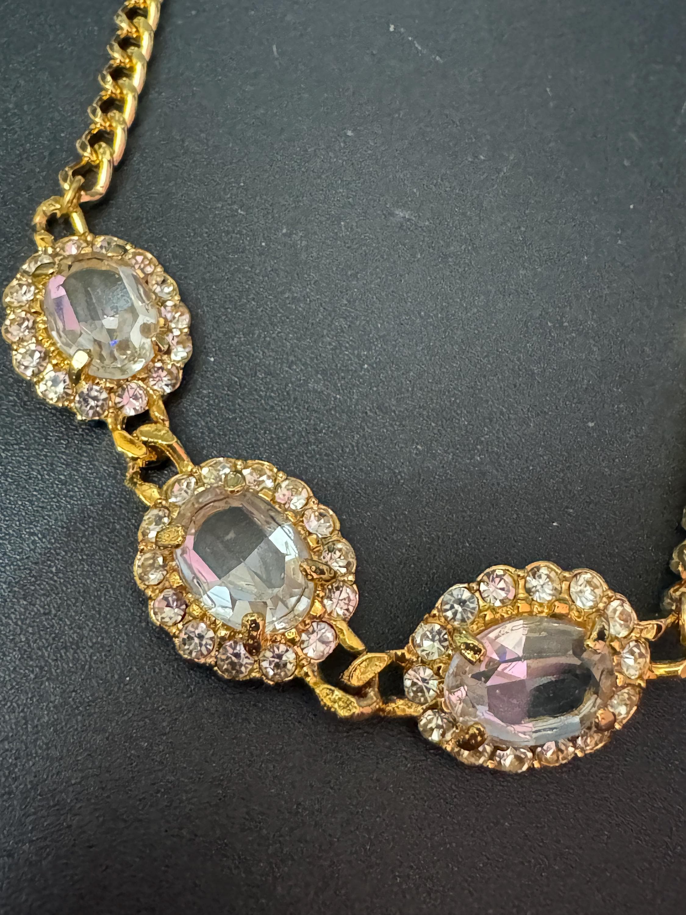 Vintage genuine clear Swarovski crystal long gold tone chain station necklace with oval rhinestones 84cm and 23mm oval clip on earrings