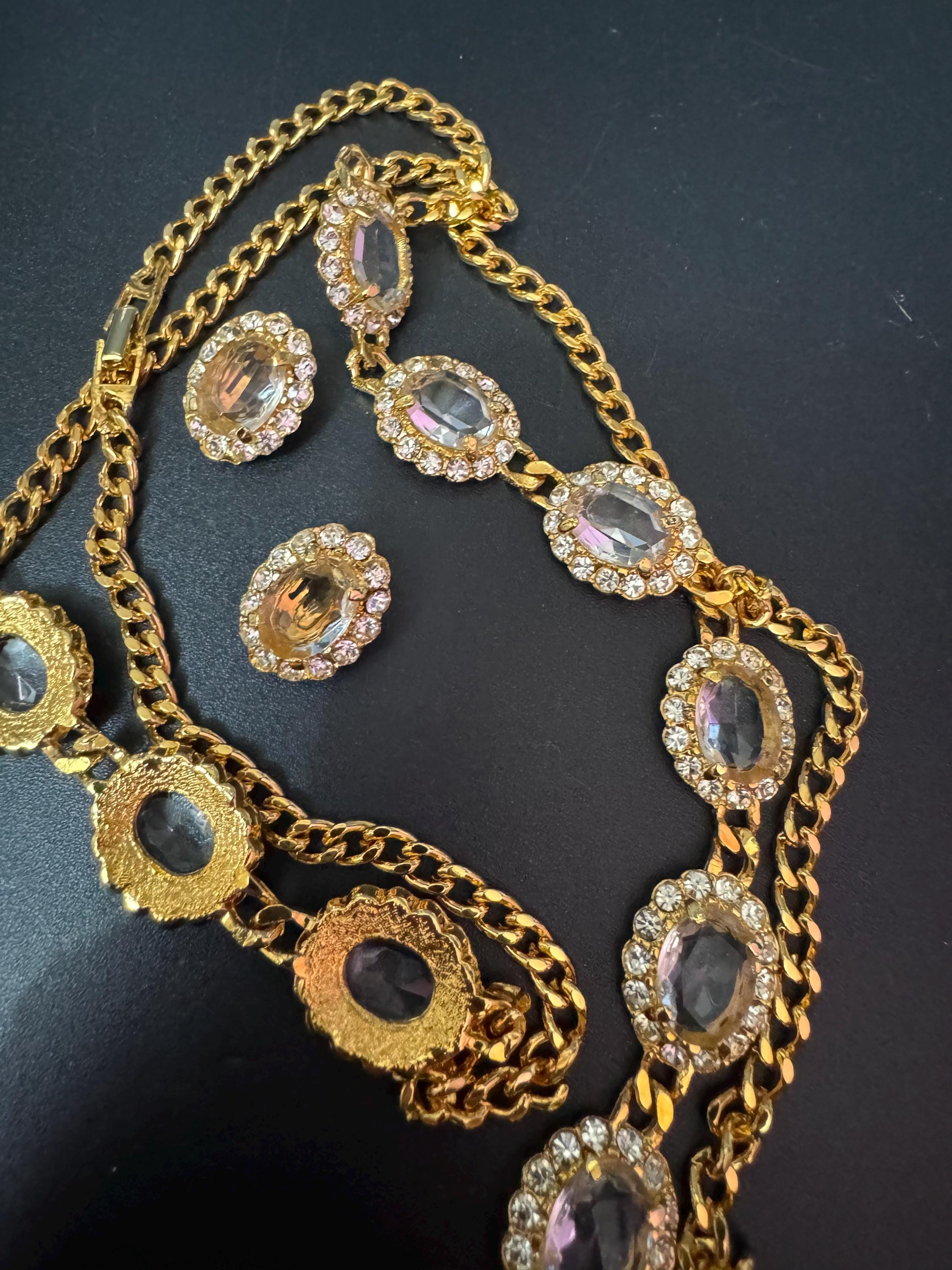 Vintage genuine clear Swarovski crystal long gold tone chain station necklace with oval rhinestones 84cm and 23mm oval clip on earrings