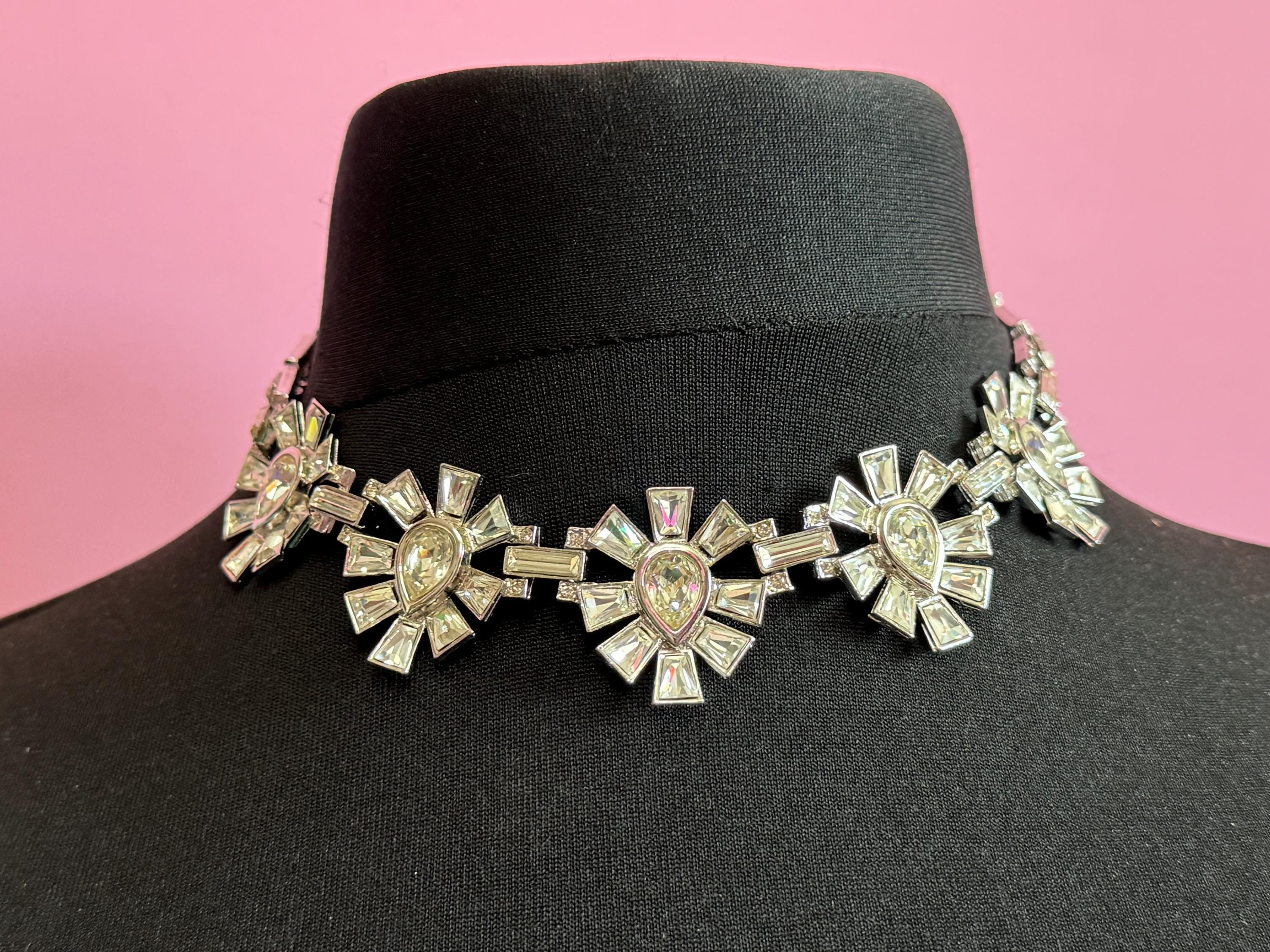 vintage clear Diamanté silver tone crystal rhinestone cocktail necklace and matching oversized clip on earrings jewellery set