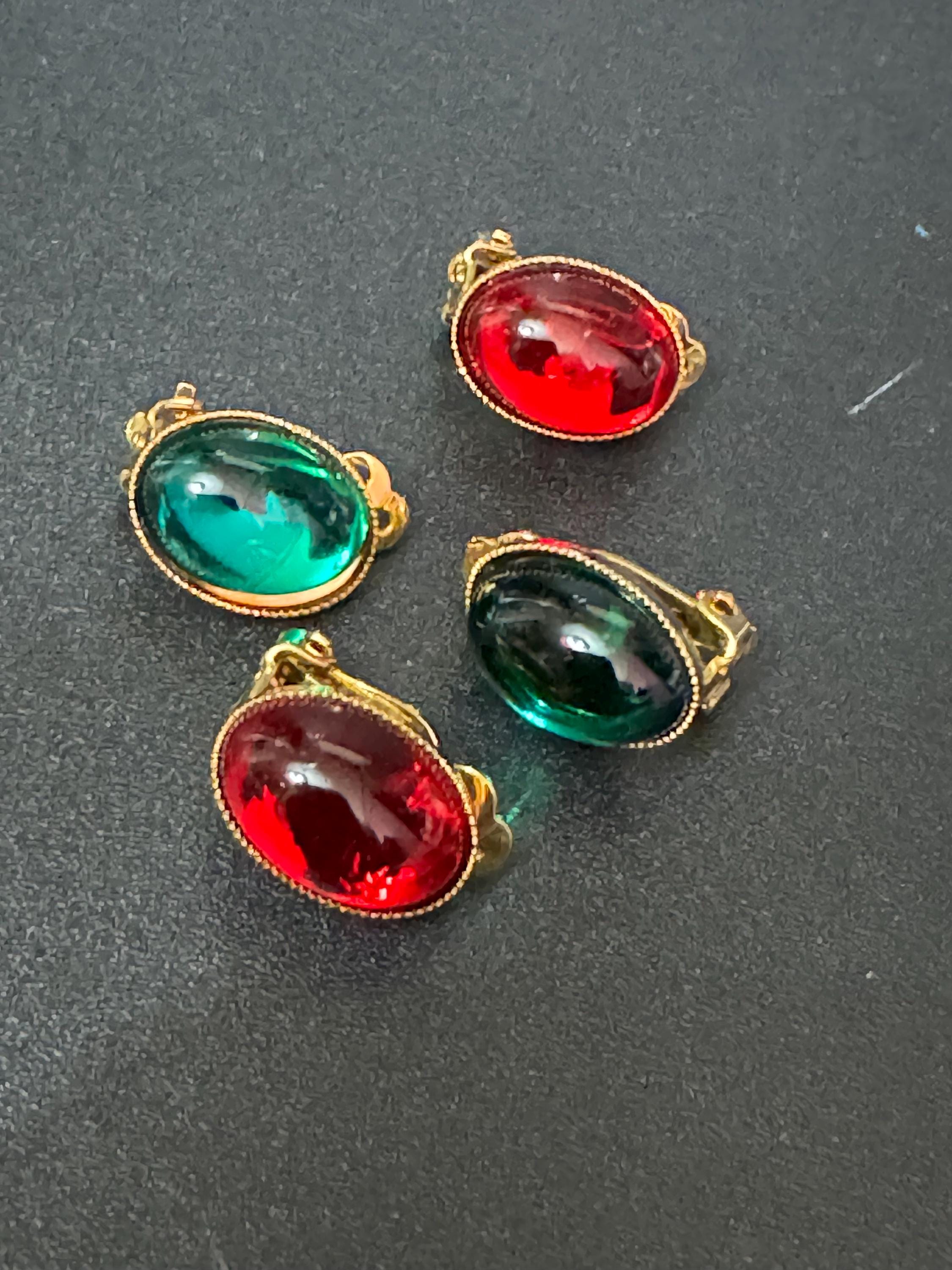 Vintage gold tone emerald green and ruby red cabochon long layering necklace bracelet and oval small clip on earrings 2 pairs matching set