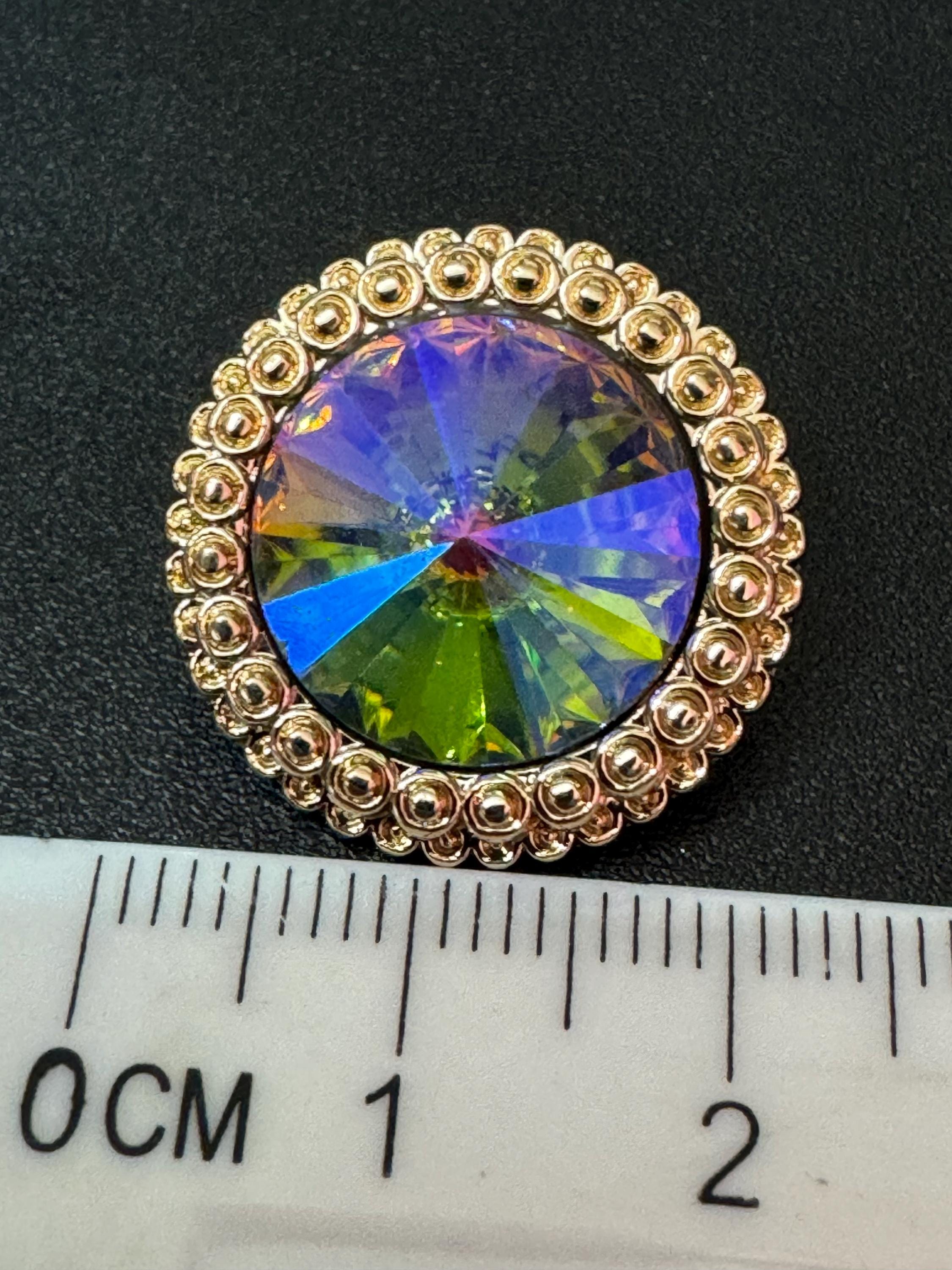 21mm Rainbow Multicolour Rivoli Crystal Glass Buttons, Pack of 5, Gold Tone Metal Shank