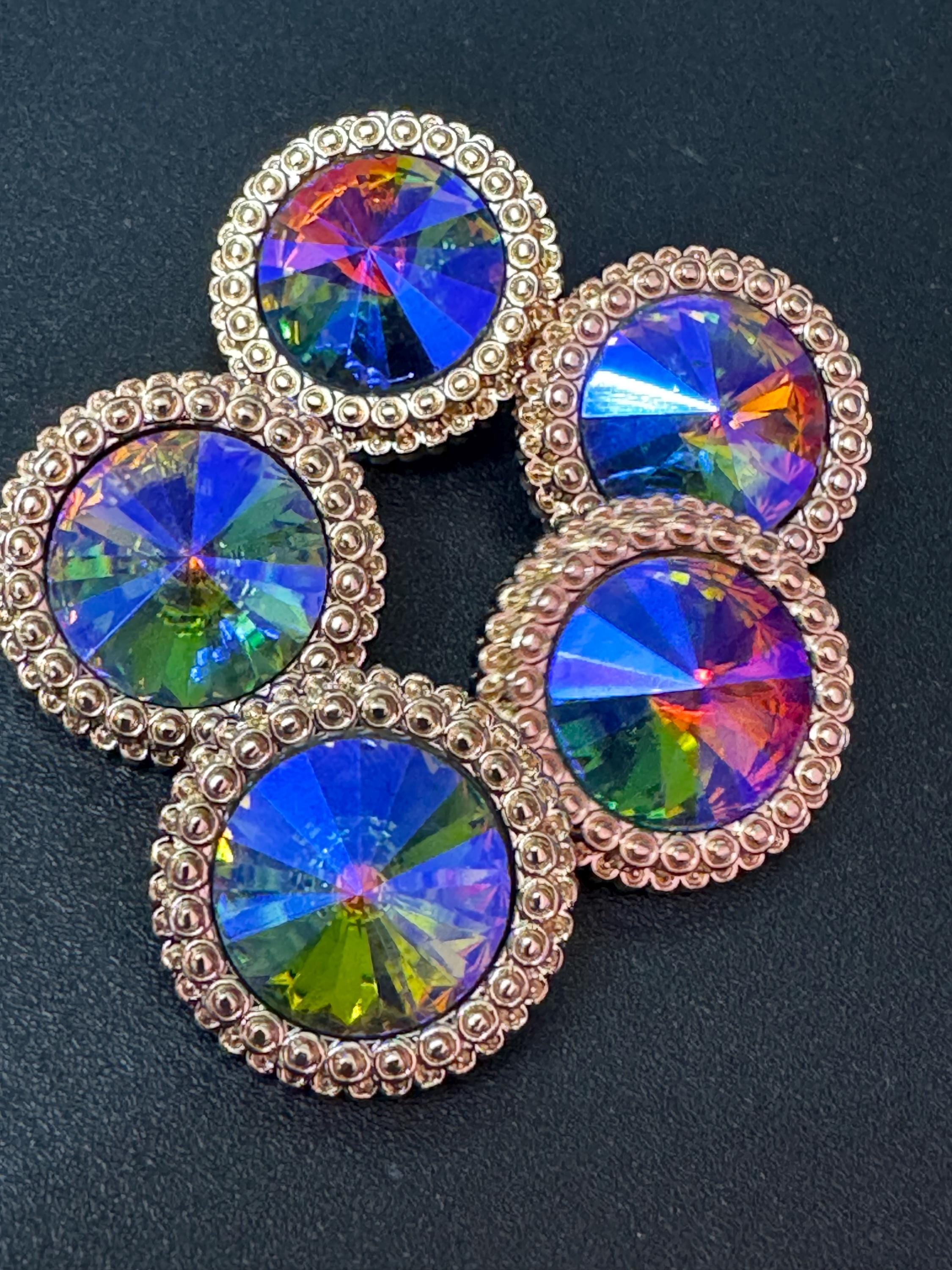 21mm Rainbow Multicolour Rivoli Crystal Glass Buttons, Pack of 5, Gold Tone Metal Shank