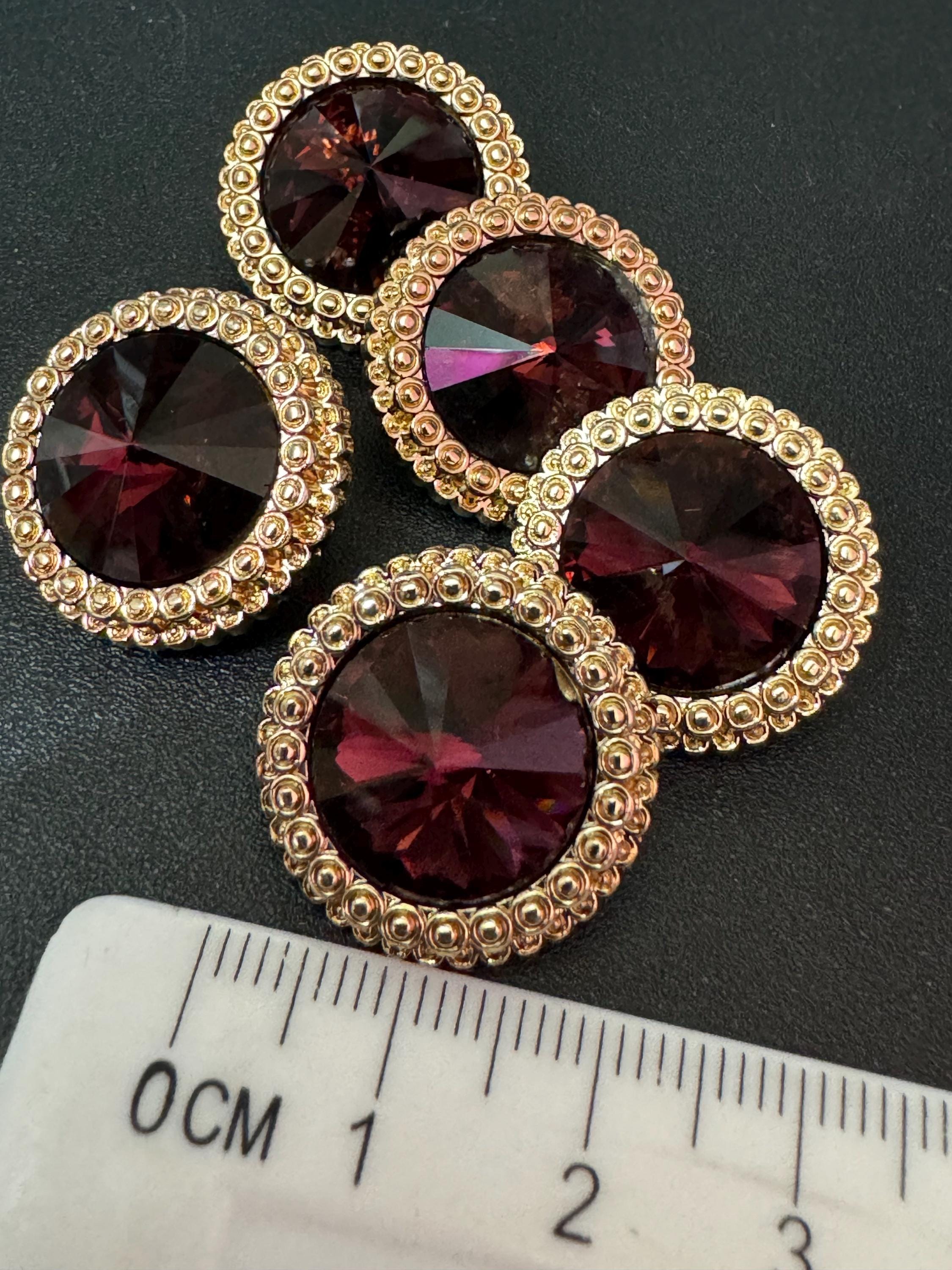 21mm Deep Purple Rivoli Crystal Glass Buttons, Pack of 5, Gold Tone Metal Shank
