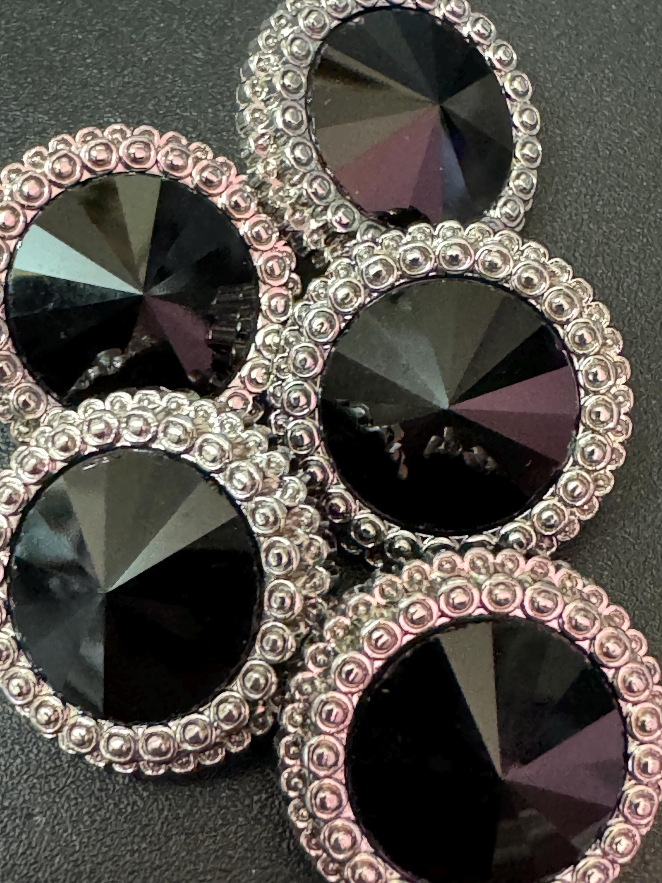 21mm Black Rivoli Crystal Glass Buttons, Pack of 5, Silver Tone Metal Shank